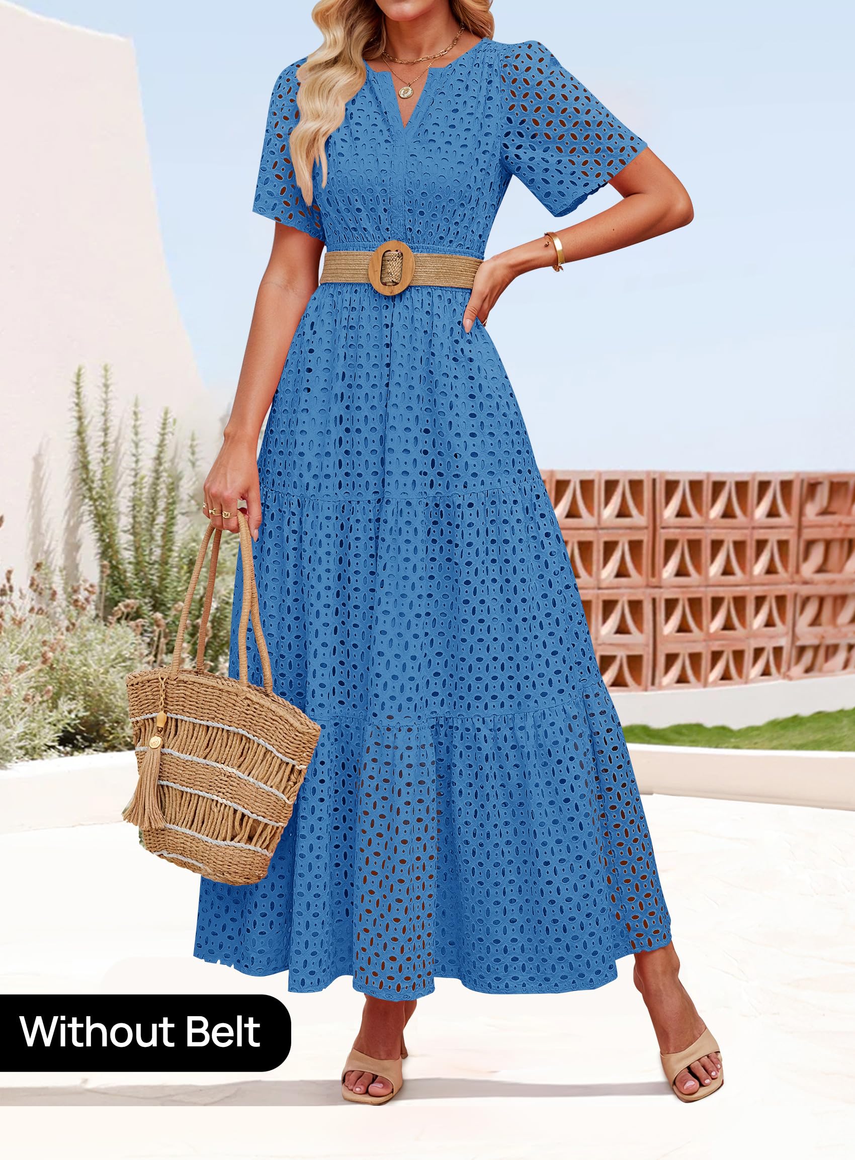 Foto 3 pulgar | Vestido Largo Zesica 2025 De Verano Con Manga Corta Y Cuello En V Para Mujer - Venta Internacional.