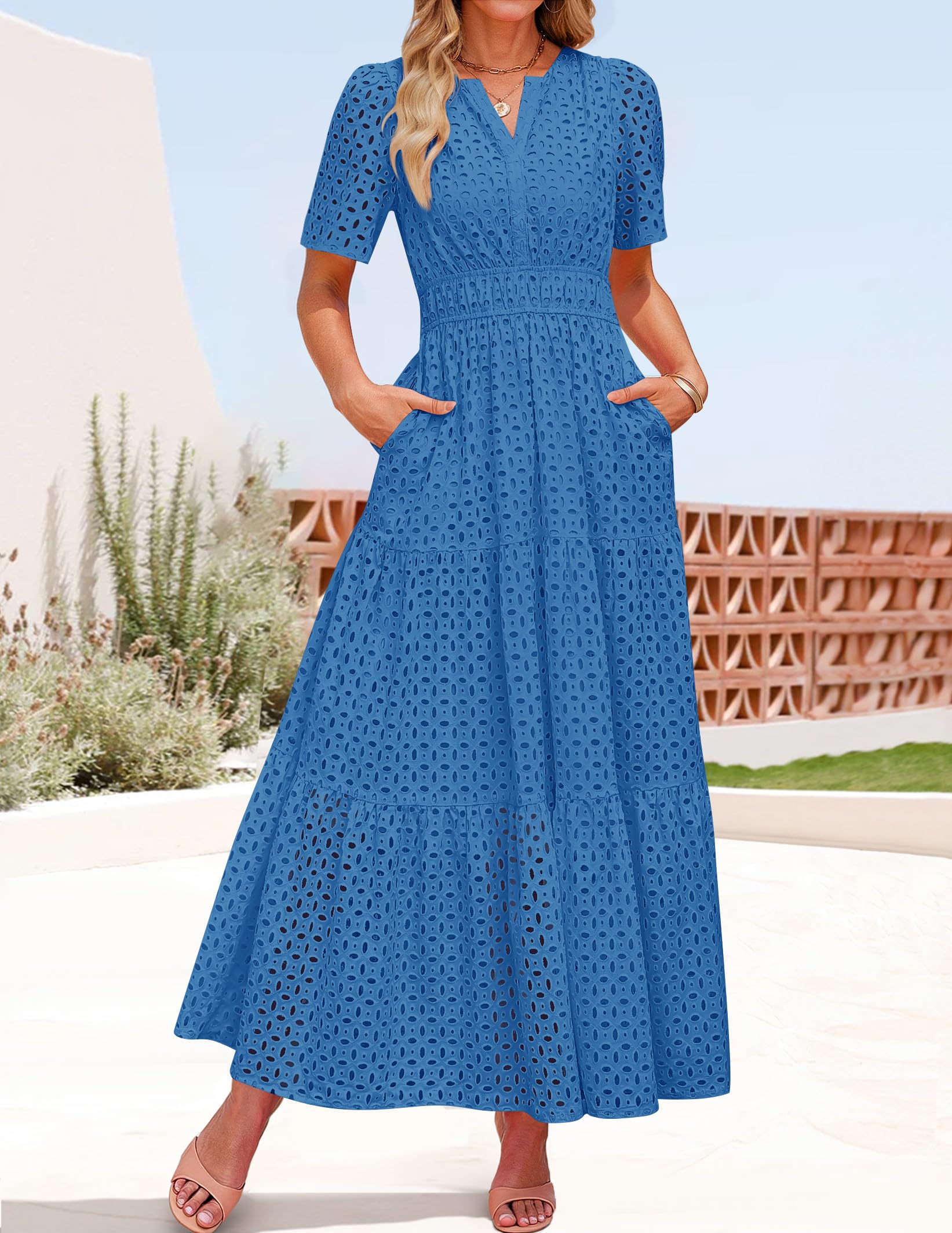 Foto 4 pulgar | Vestido Largo Zesica 2025 De Verano Con Manga Corta Y Cuello En V Para Mujer - Venta Internacional.