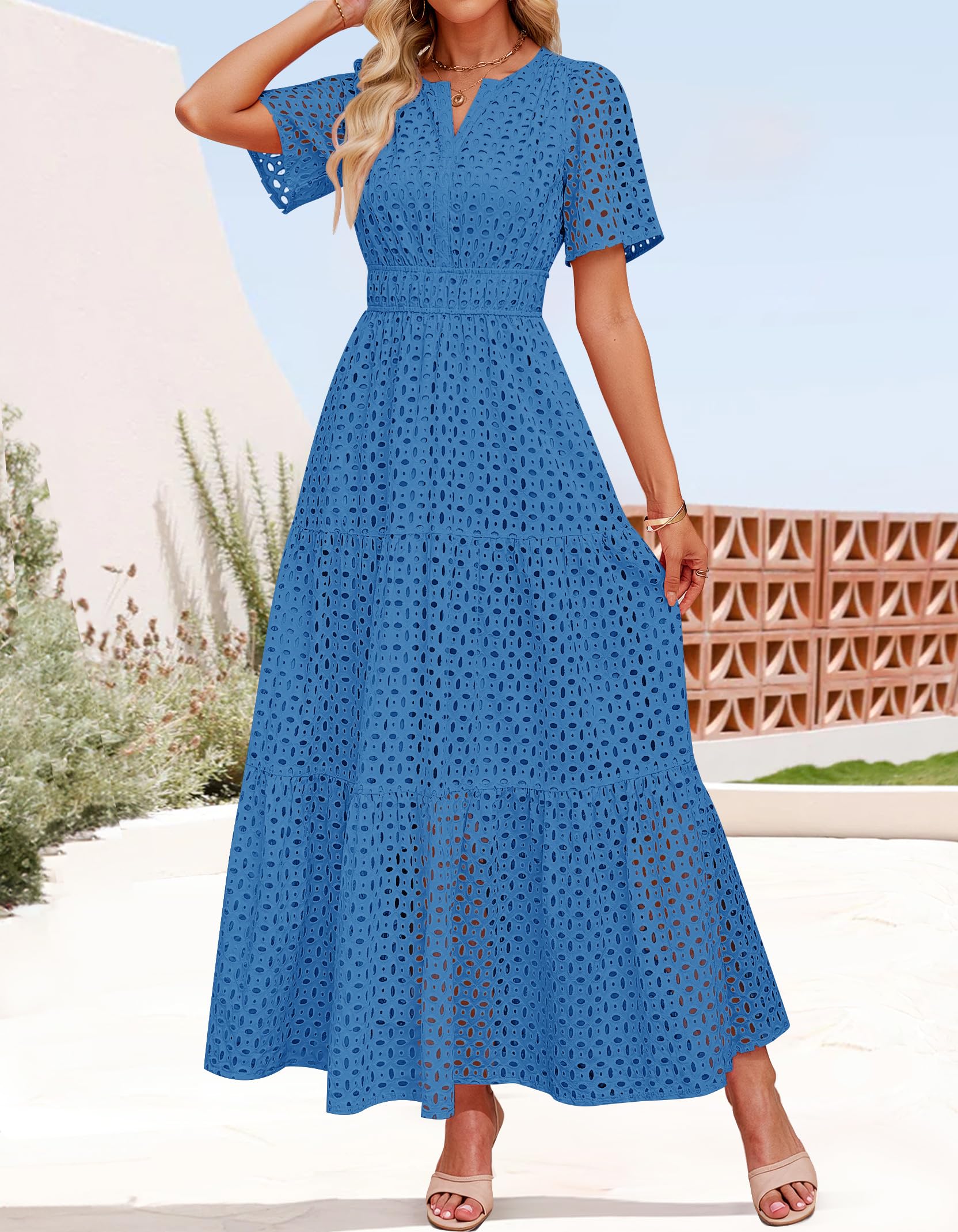 Foto 5 pulgar | Vestido Largo Zesica 2025 De Verano Con Manga Corta Y Cuello En V Para Mujer - Venta Internacional.