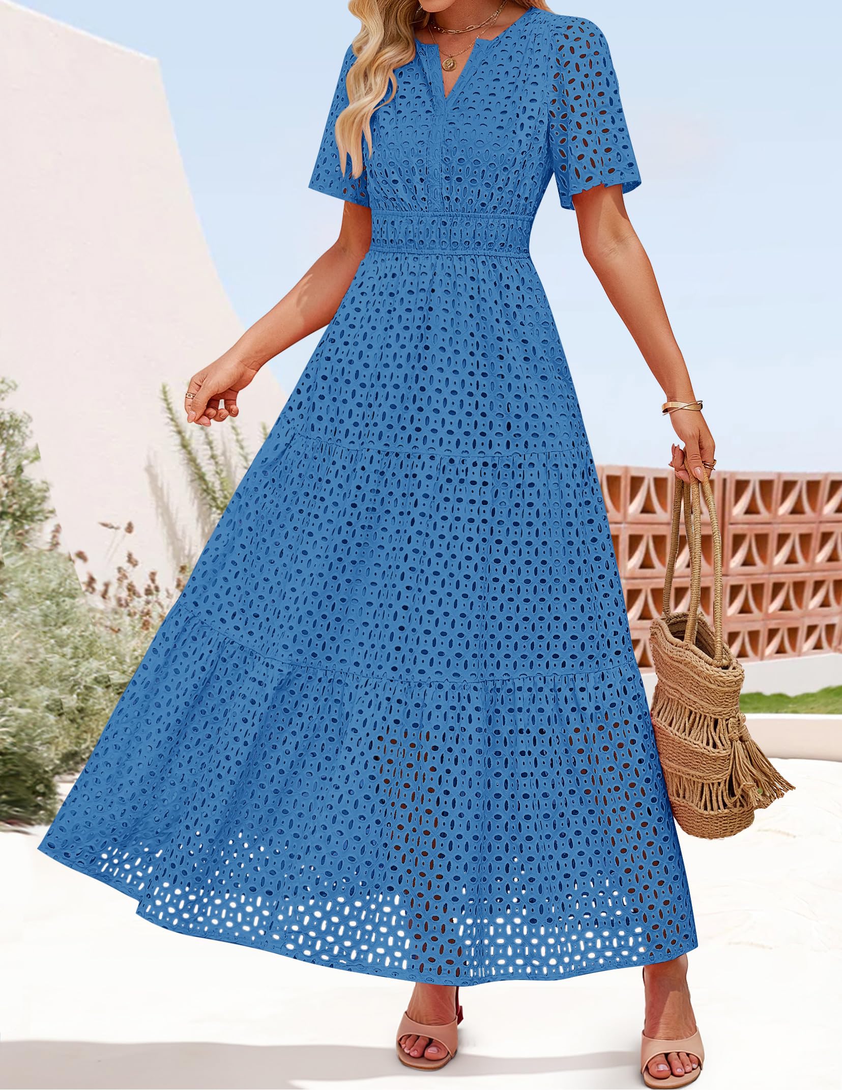 Foto 7 pulgar | Vestido Largo Zesica 2025 De Verano Con Manga Corta Y Cuello En V Para Mujer - Venta Internacional.