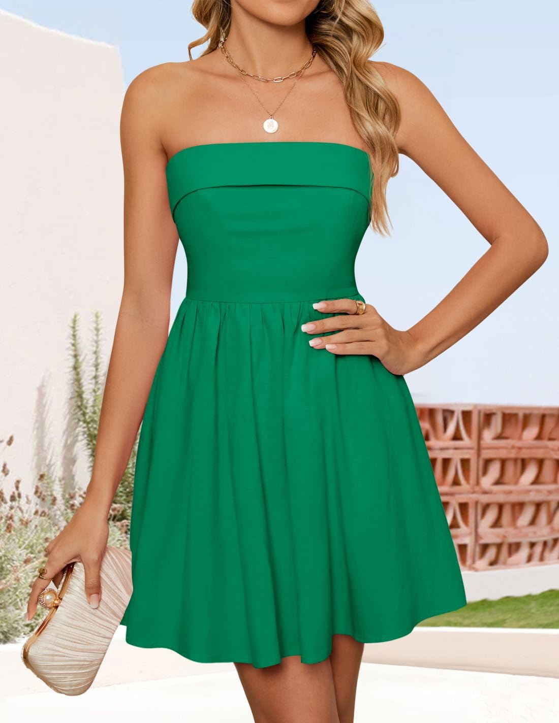Foto 3 pulgar | Vestido Zesica Minivestido De Verano Sin Tirantes Verde Para Mujer - Venta Internacional.