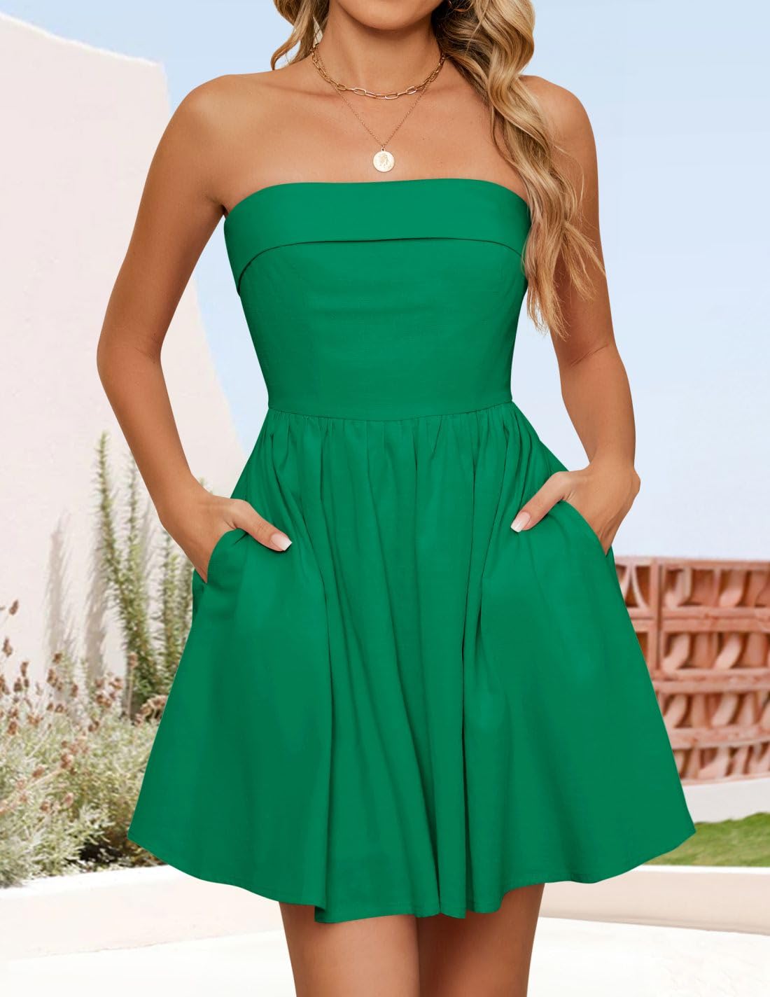 Foto 4 pulgar | Vestido Zesica Minivestido De Verano Sin Tirantes Verde Para Mujer - Venta Internacional.