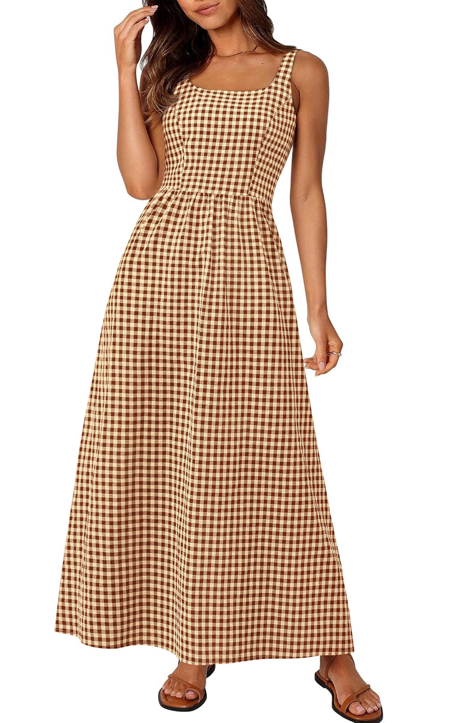 Foto 1 | Vestido Largo Prettygarden A Cuadros Con Cuello Cuadrado, Línea A, Para Mujer - Venta Internacional.