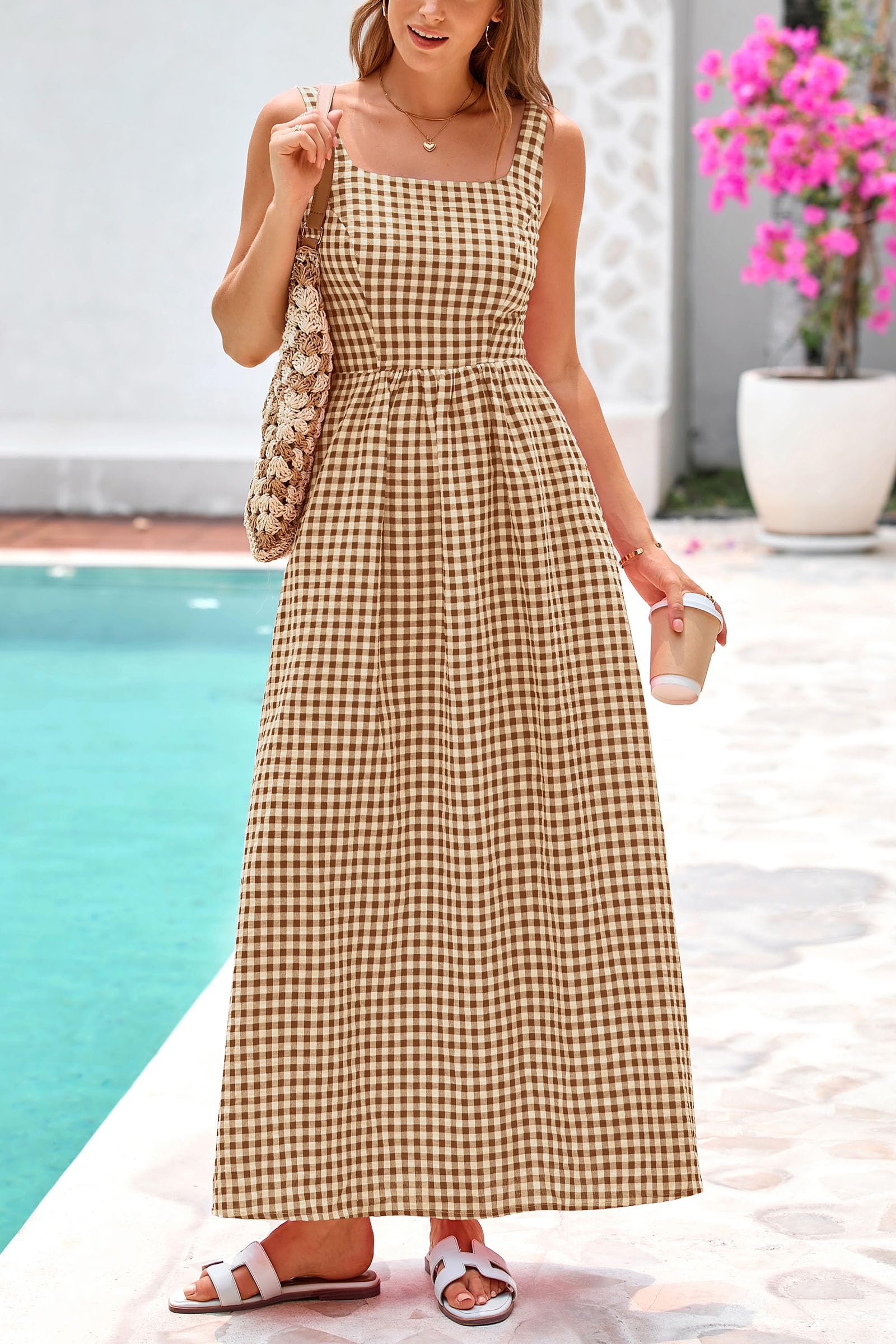 Foto 4 pulgar | Vestido Largo Prettygarden A Cuadros Con Cuello Cuadrado, Línea A, Para Mujer - Venta Internacional.