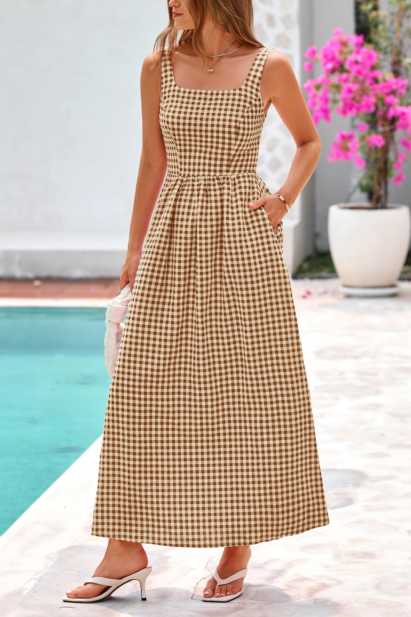 Foto 5 pulgar | Vestido Largo Prettygarden A Cuadros Con Cuello Cuadrado, Línea A, Para Mujer - Venta Internacional.