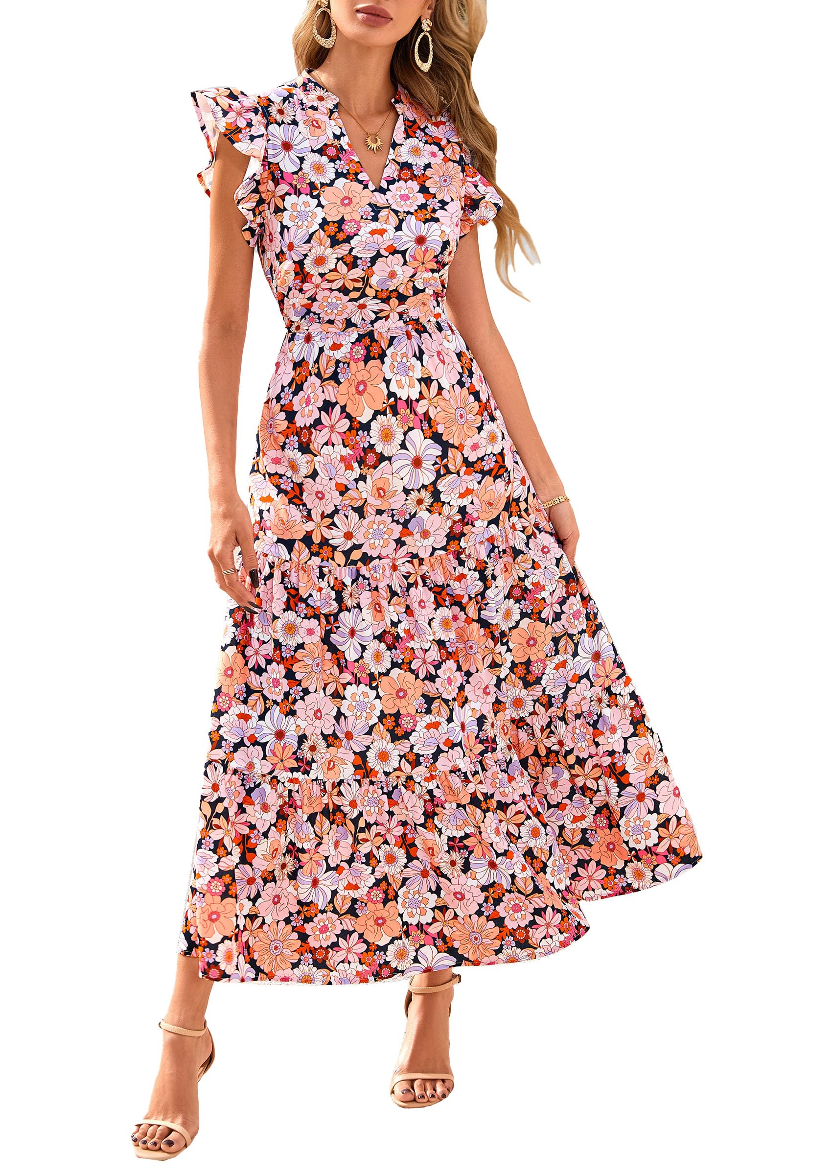Foto 2 pulgar | Vestido Midi Prettygarden 2025 Con Estampado Floral Con Cuello En V Y Volantes Para Mujer - Venta Internacional.