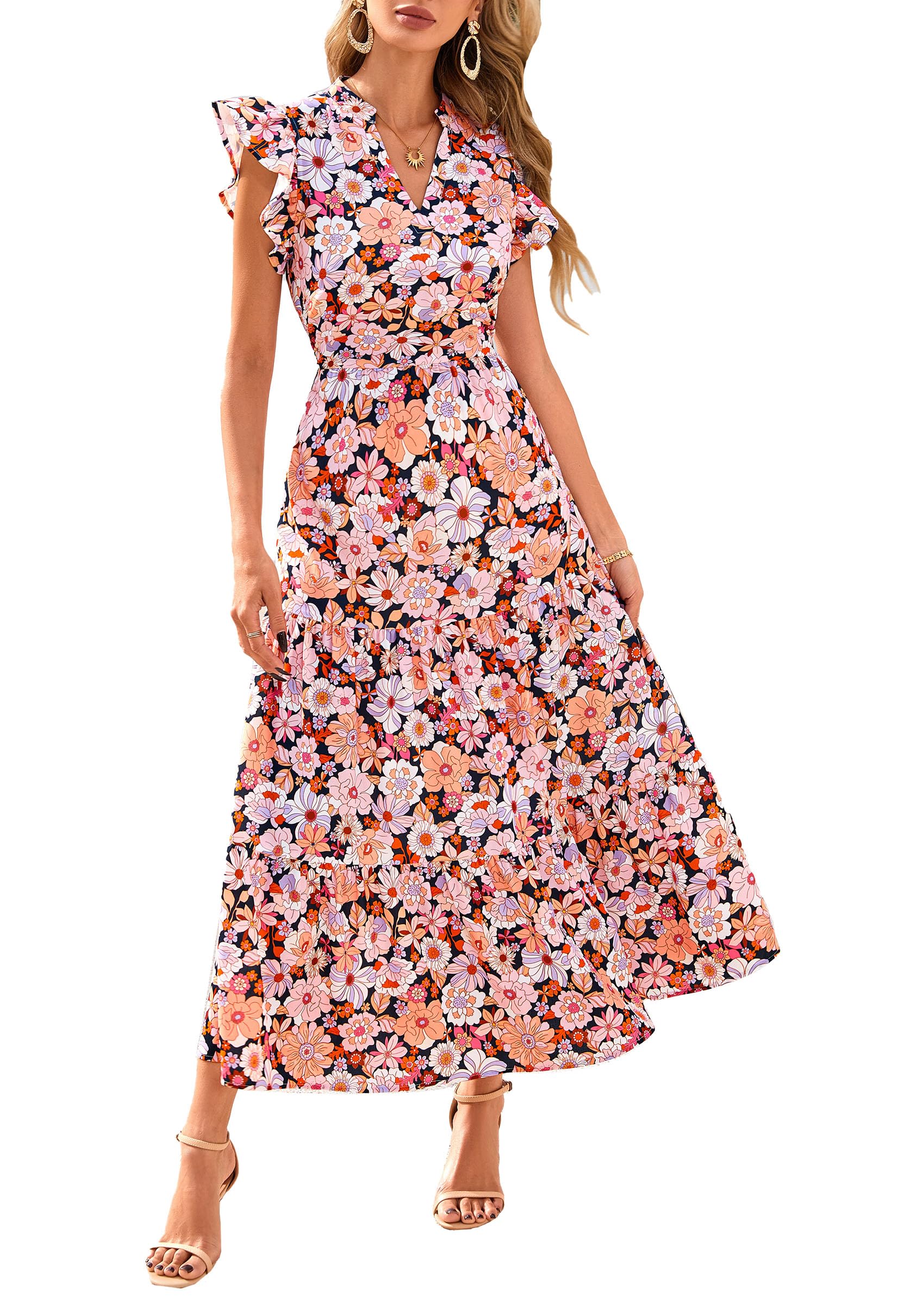 Vestido Midi Prettygarden 2025 Con Estampado Floral Con Cuello En V Y Volantes Para Mujer - Venta Internacional.