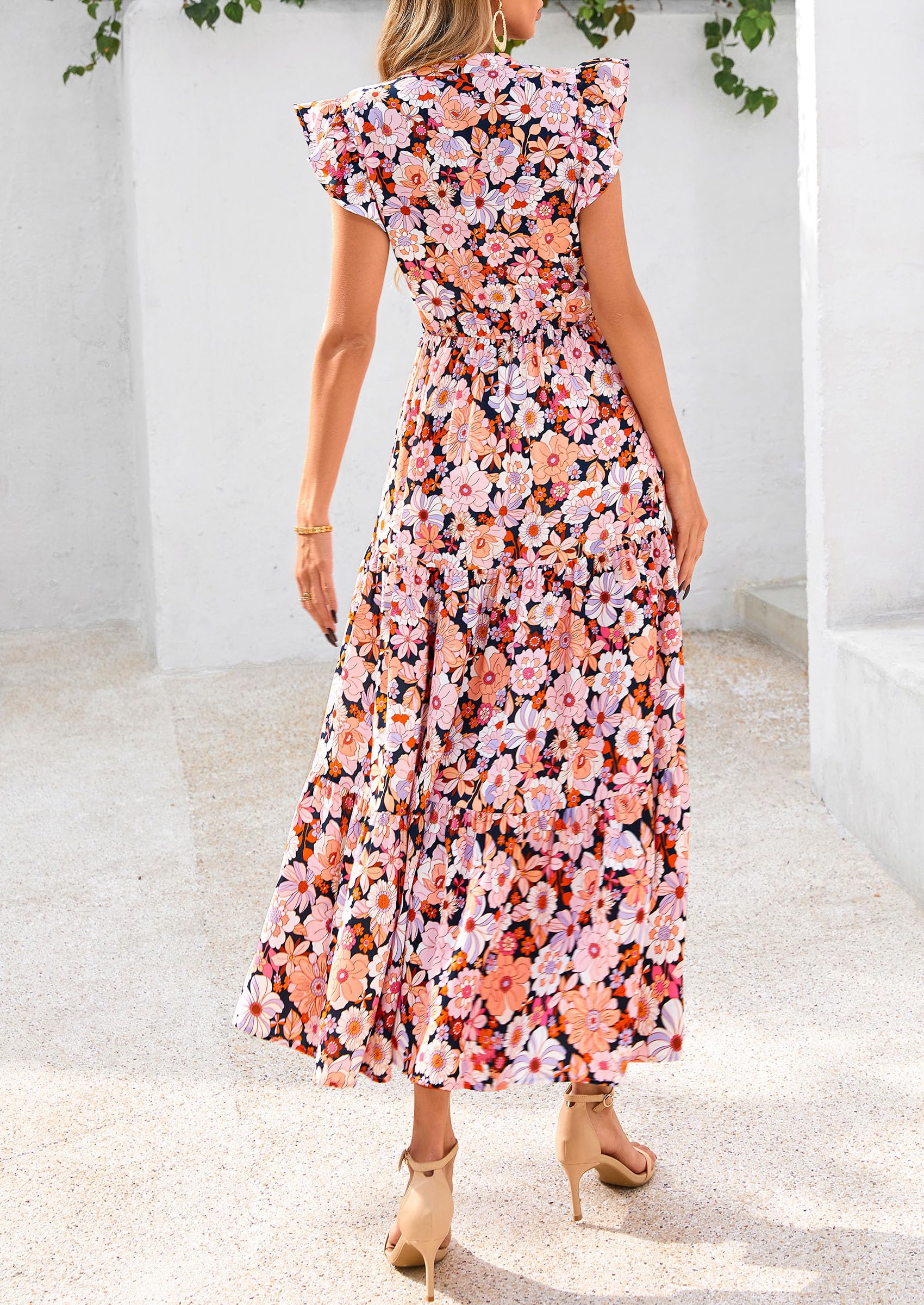 Foto 3 pulgar | Vestido Midi Prettygarden 2025 Con Estampado Floral Con Cuello En V Y Volantes Para Mujer - Venta Internacional.
