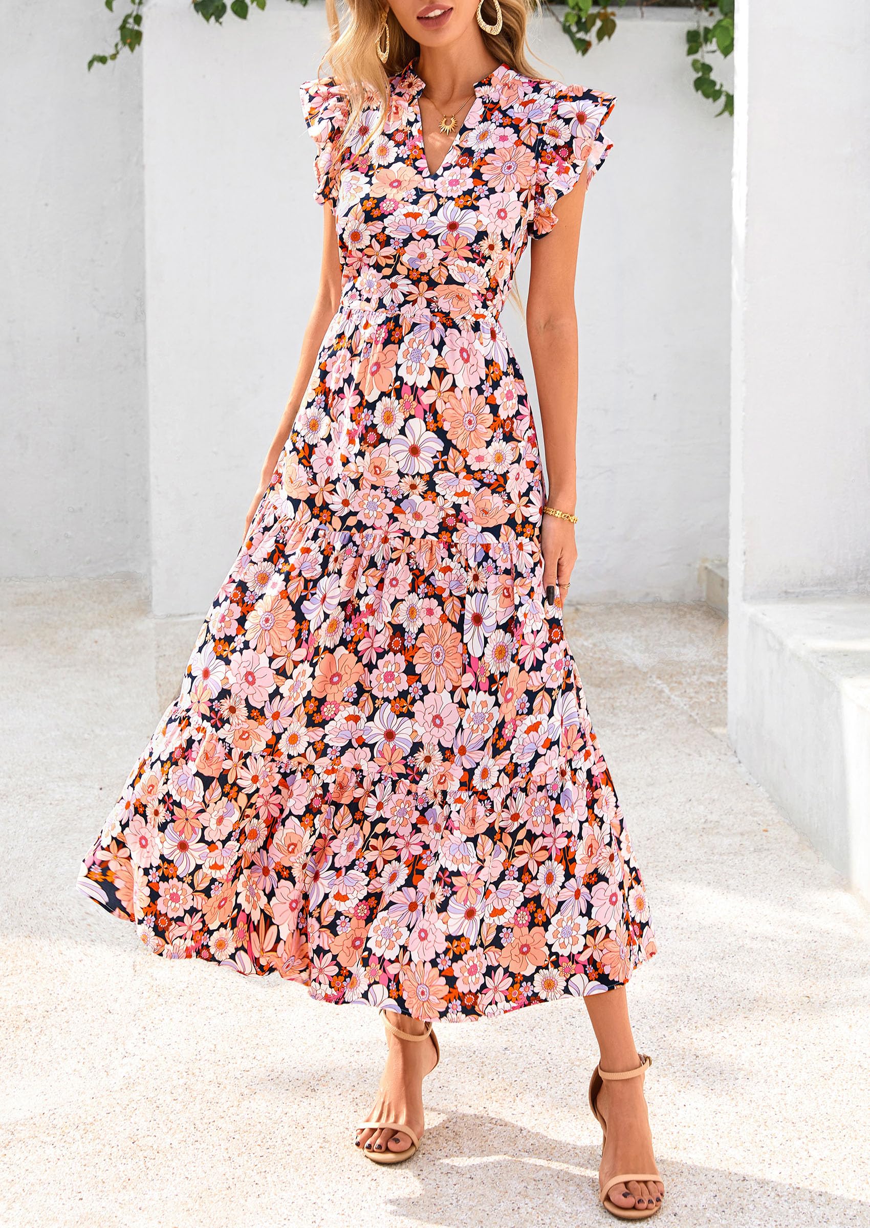 Foto 4 pulgar | Vestido Midi Prettygarden 2025 Con Estampado Floral Con Cuello En V Y Volantes Para Mujer - Venta Internacional.