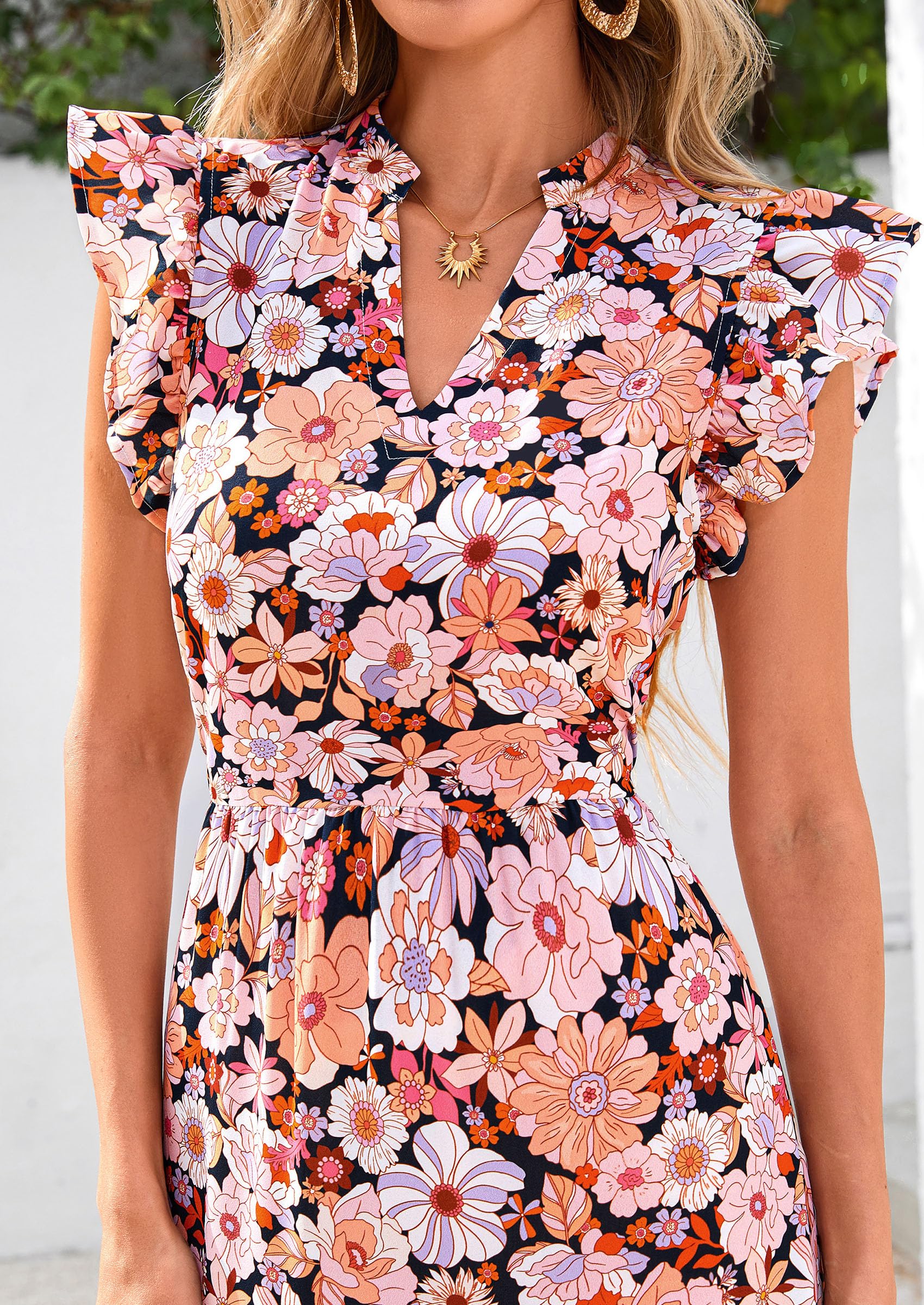 Foto 6 pulgar | Vestido Midi Prettygarden 2025 Con Estampado Floral Con Cuello En V Y Volantes Para Mujer - Venta Internacional.