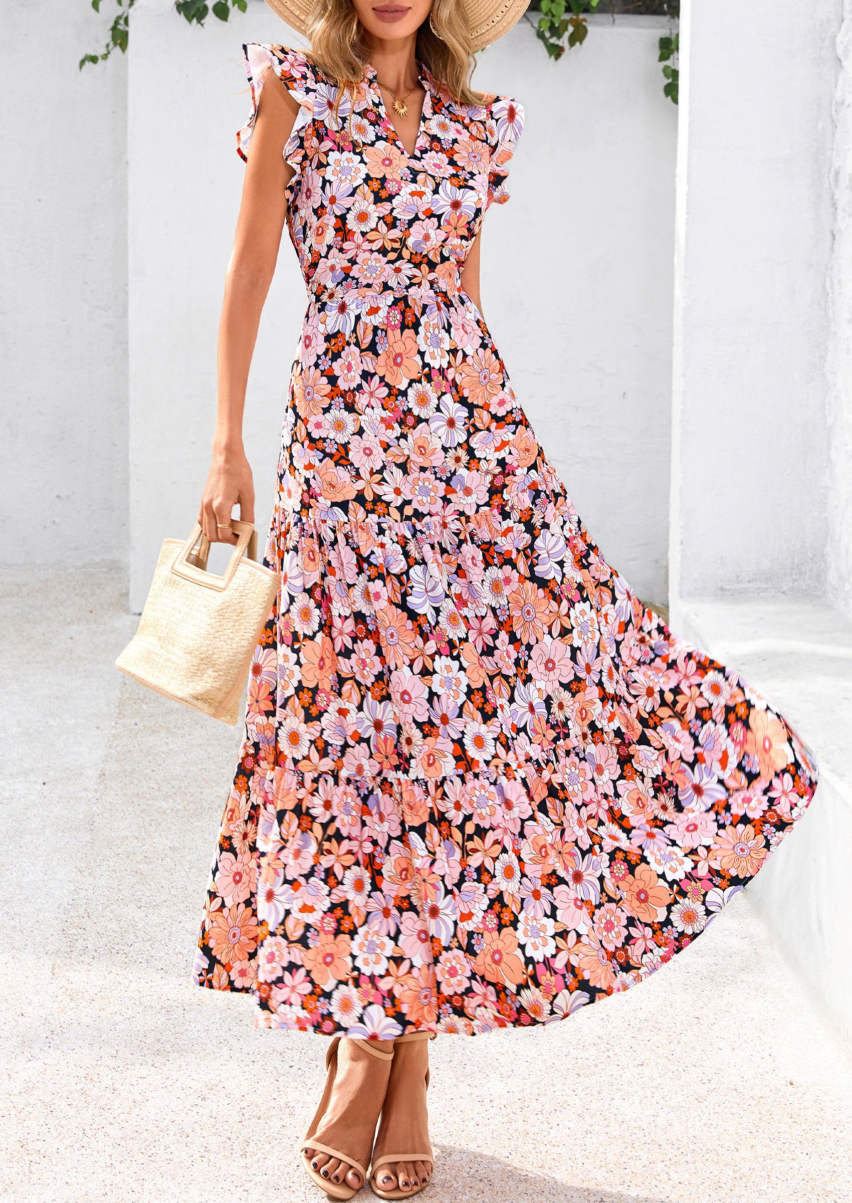 Foto 8 pulgar | Vestido Midi Prettygarden 2025 Con Estampado Floral Con Cuello En V Y Volantes Para Mujer - Venta Internacional.
