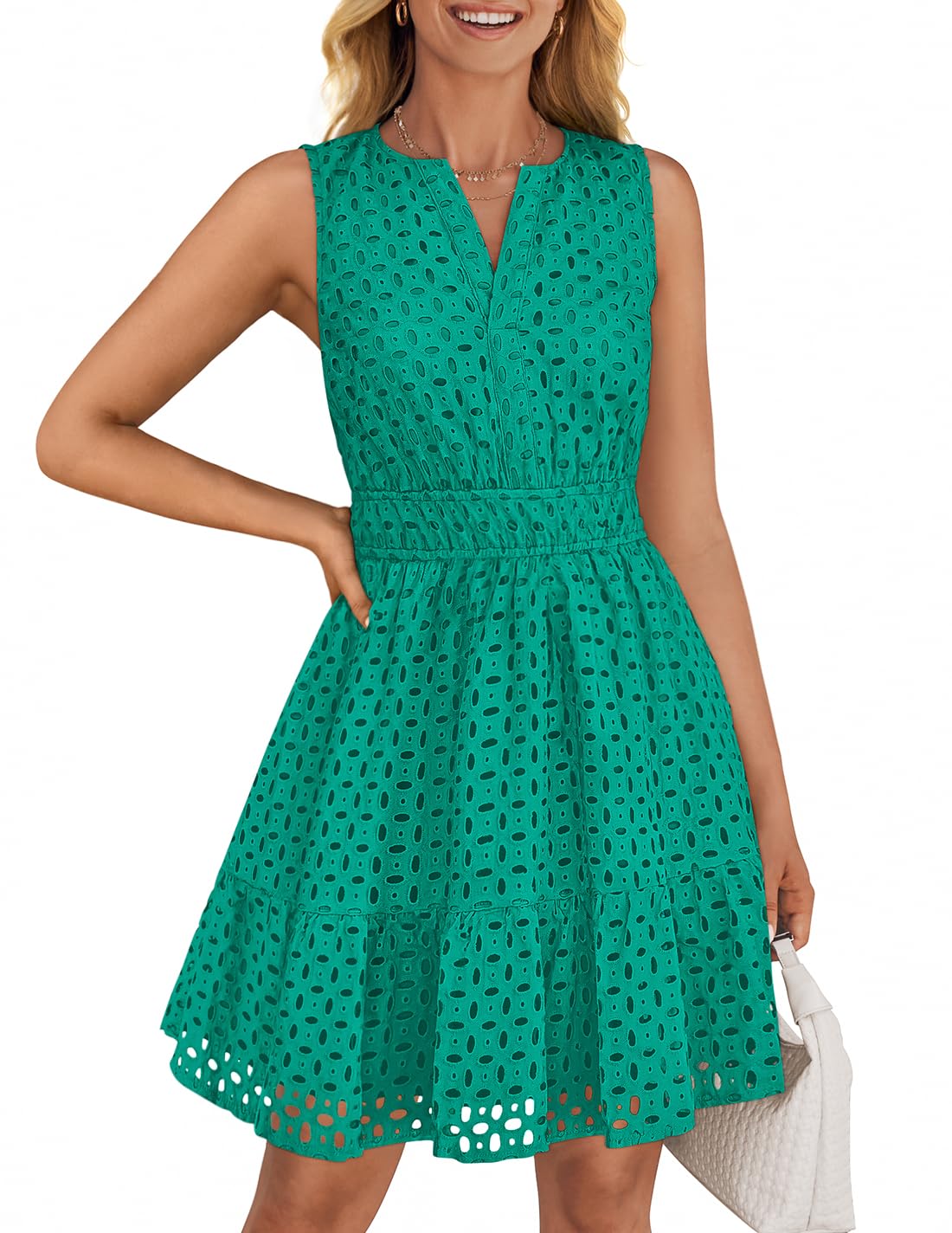 Foto 2 pulgar | Vestido De Verano Zesica Sin Mangas Con Cuello En V Y Ojales, Color Verde, Talla L - Venta Internacional.
