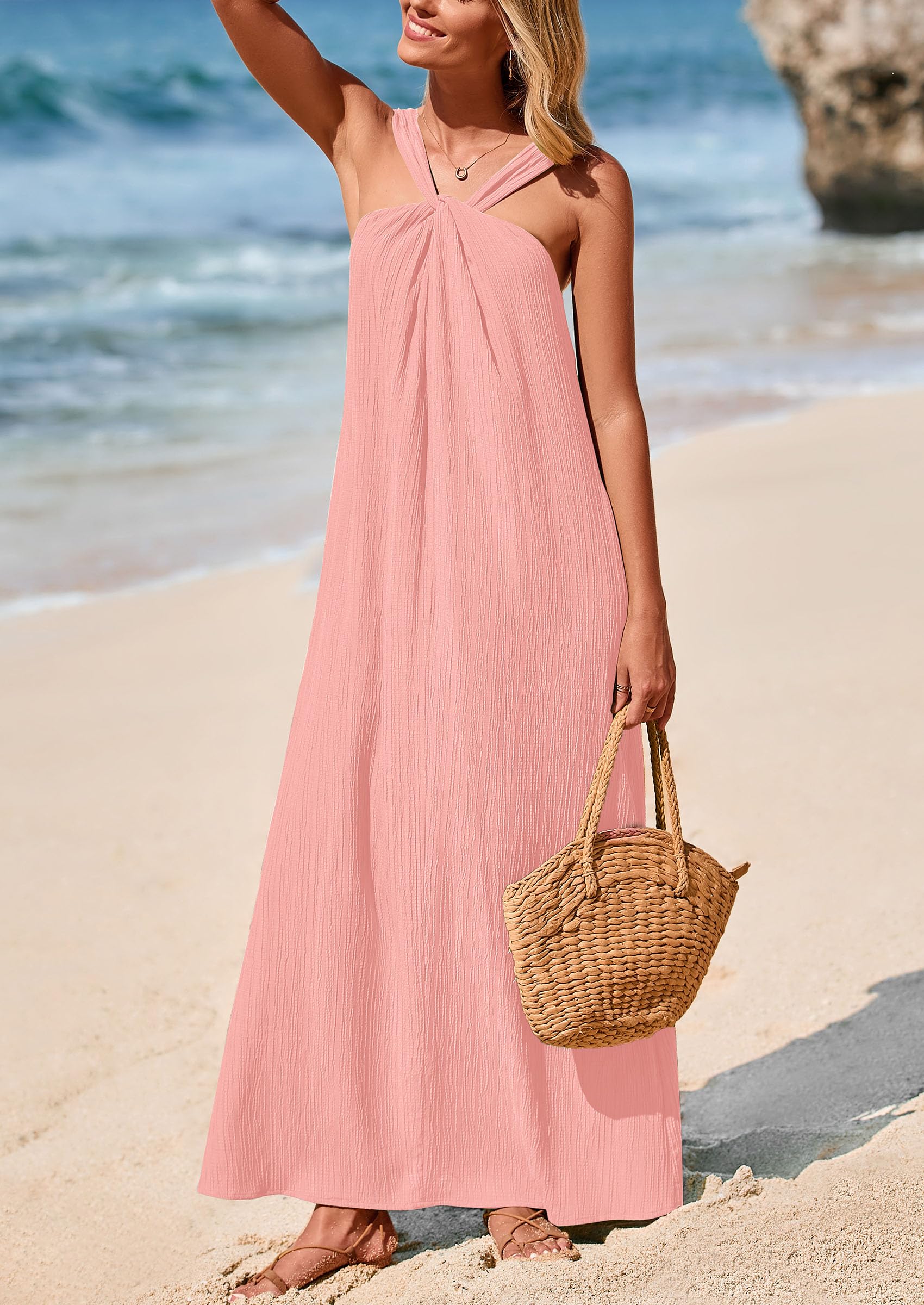 Foto 4 pulgar | Vestido De Verano Prettygarden 2025 Para Mujer Sin Mangas Maxi Rosa - Venta Internacional.