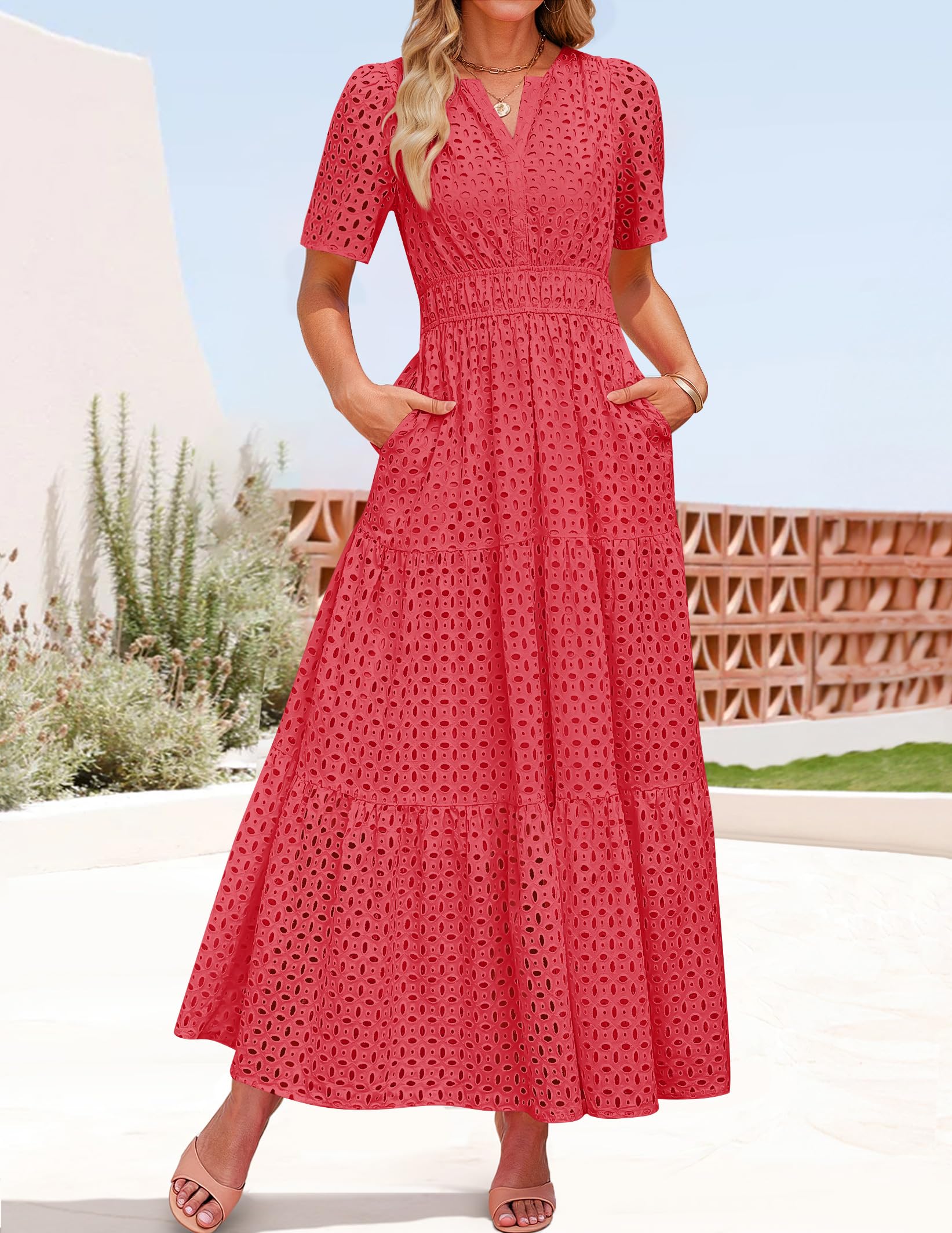 Foto 4 pulgar | Vestido Largo Zesica 2025 De Verano Con Manga Corta Y Cuello En V Para Mujer - Venta Internacional.