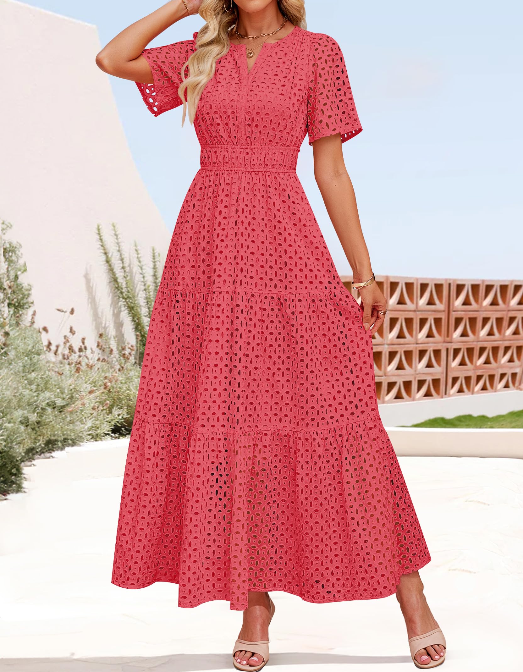 Foto 5 pulgar | Vestido Largo Zesica 2025 De Verano Con Manga Corta Y Cuello En V Para Mujer - Venta Internacional.