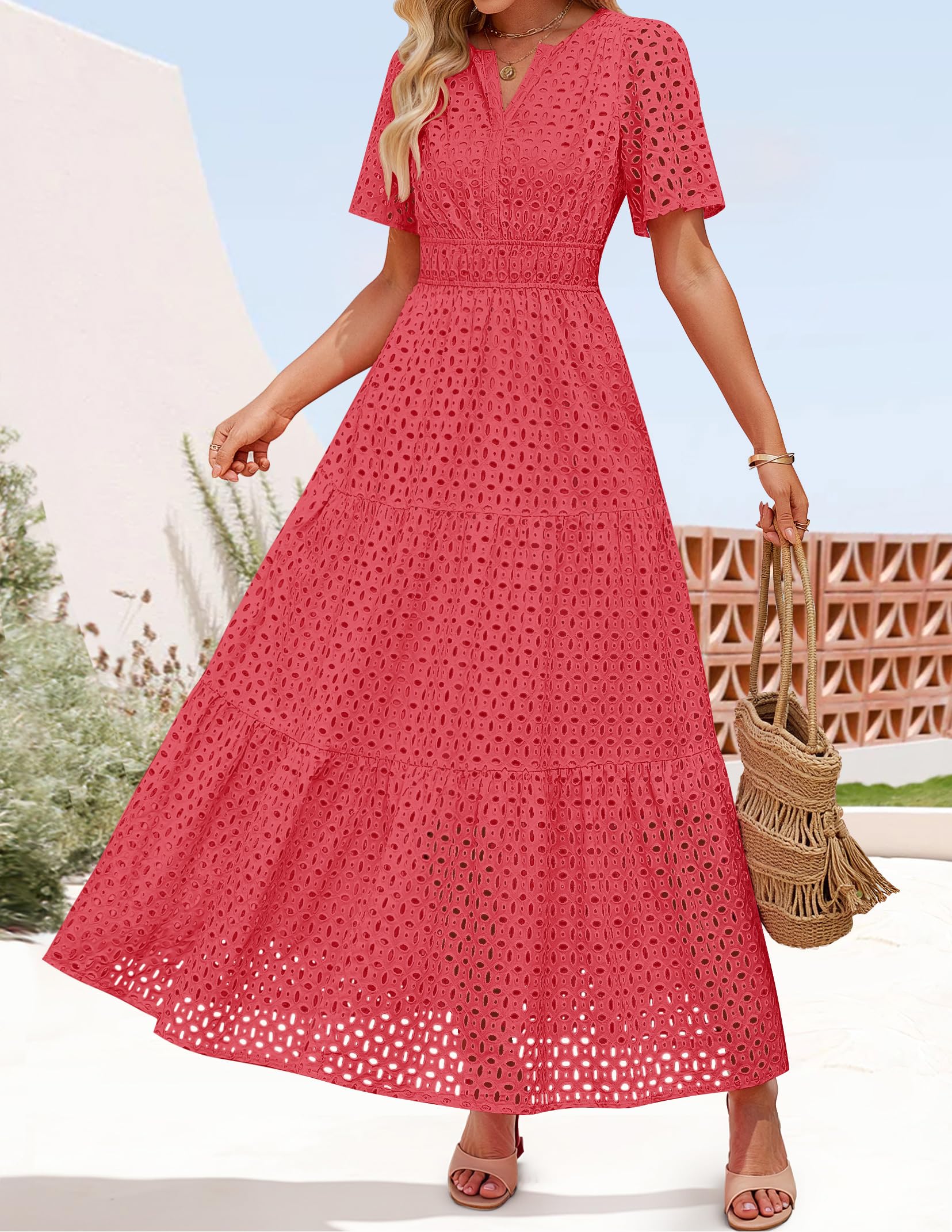 Foto 7 pulgar | Vestido Largo Zesica 2025 De Verano Con Manga Corta Y Cuello En V Para Mujer - Venta Internacional.