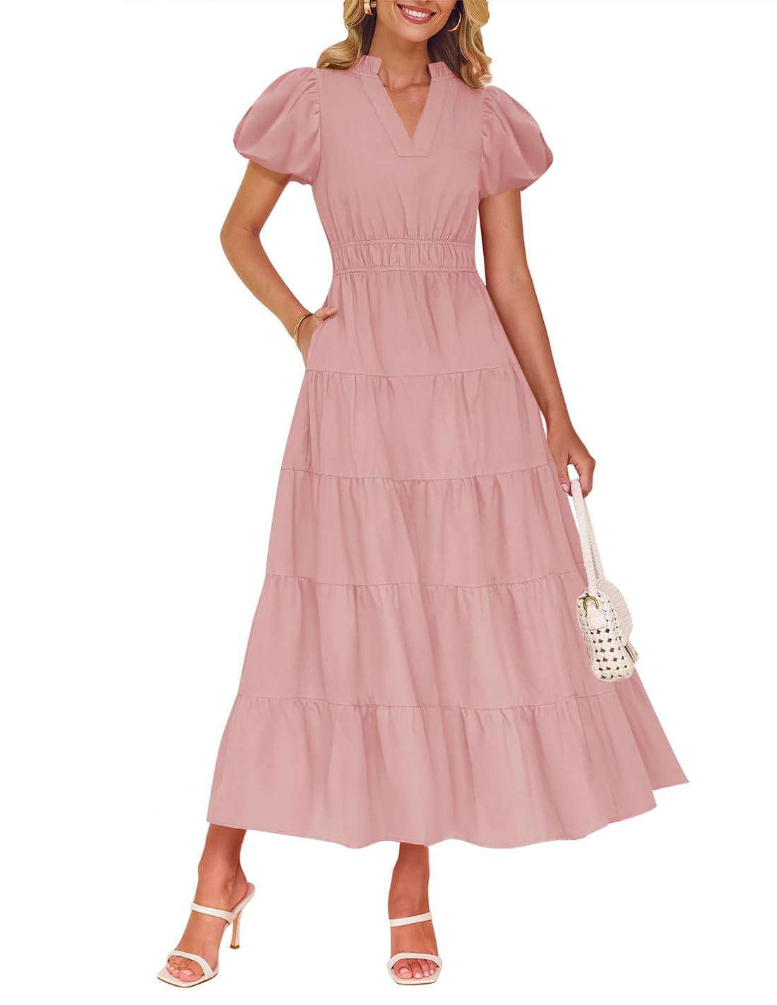 Foto 1 | Vestido Largo Zesica Casual De Verano Con Cuello En V Y Volantes Escalonados Para Mujer - Venta Internacional.