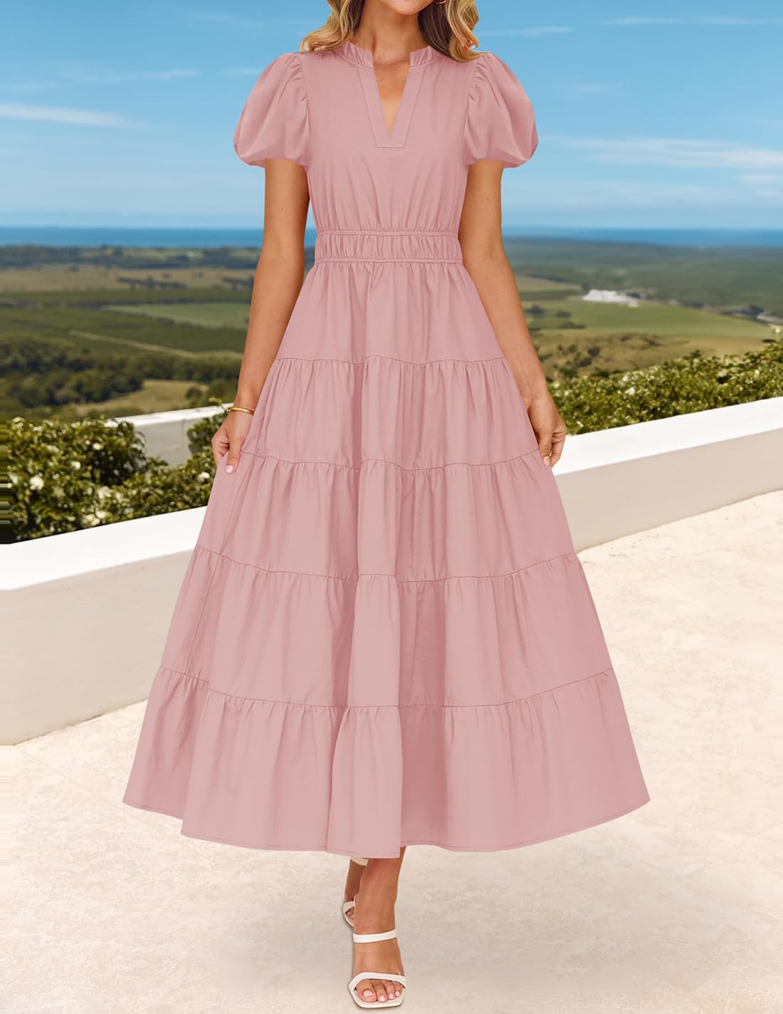 Foto 3 pulgar | Vestido Largo Zesica Casual De Verano Con Cuello En V Y Volantes Escalonados Para Mujer - Venta Internacional.
