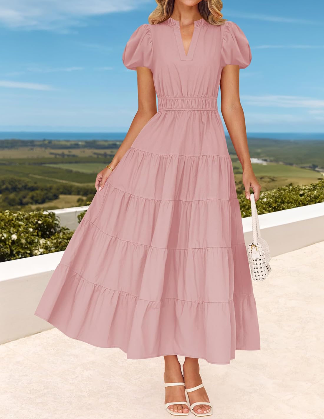 Foto 4 pulgar | Vestido Largo Zesica Casual De Verano Con Cuello En V Y Volantes Escalonados Para Mujer - Venta Internacional.