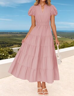Foto 3 | Vestido Largo Zesica Casual De Verano Con Cuello En V Y Volantes Escalonados Para Mujer - Venta Internacional.