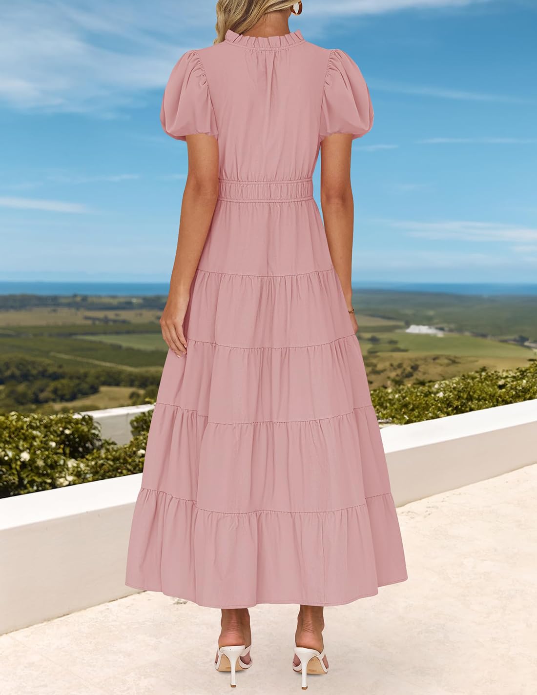 Foto 5 pulgar | Vestido Largo Zesica Casual De Verano Con Cuello En V Y Volantes Escalonados Para Mujer - Venta Internacional.