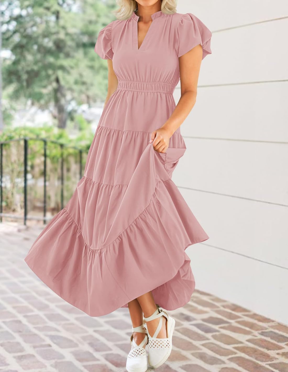 Foto 7 pulgar | Vestido Largo Zesica Casual De Verano Con Cuello En V Y Volantes Escalonados Para Mujer - Venta Internacional.
