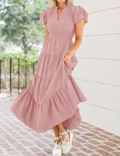Foto 6 | Vestido Largo Zesica Casual De Verano Con Cuello En V Y Volantes Escalonados Para Mujer - Venta Internacional.