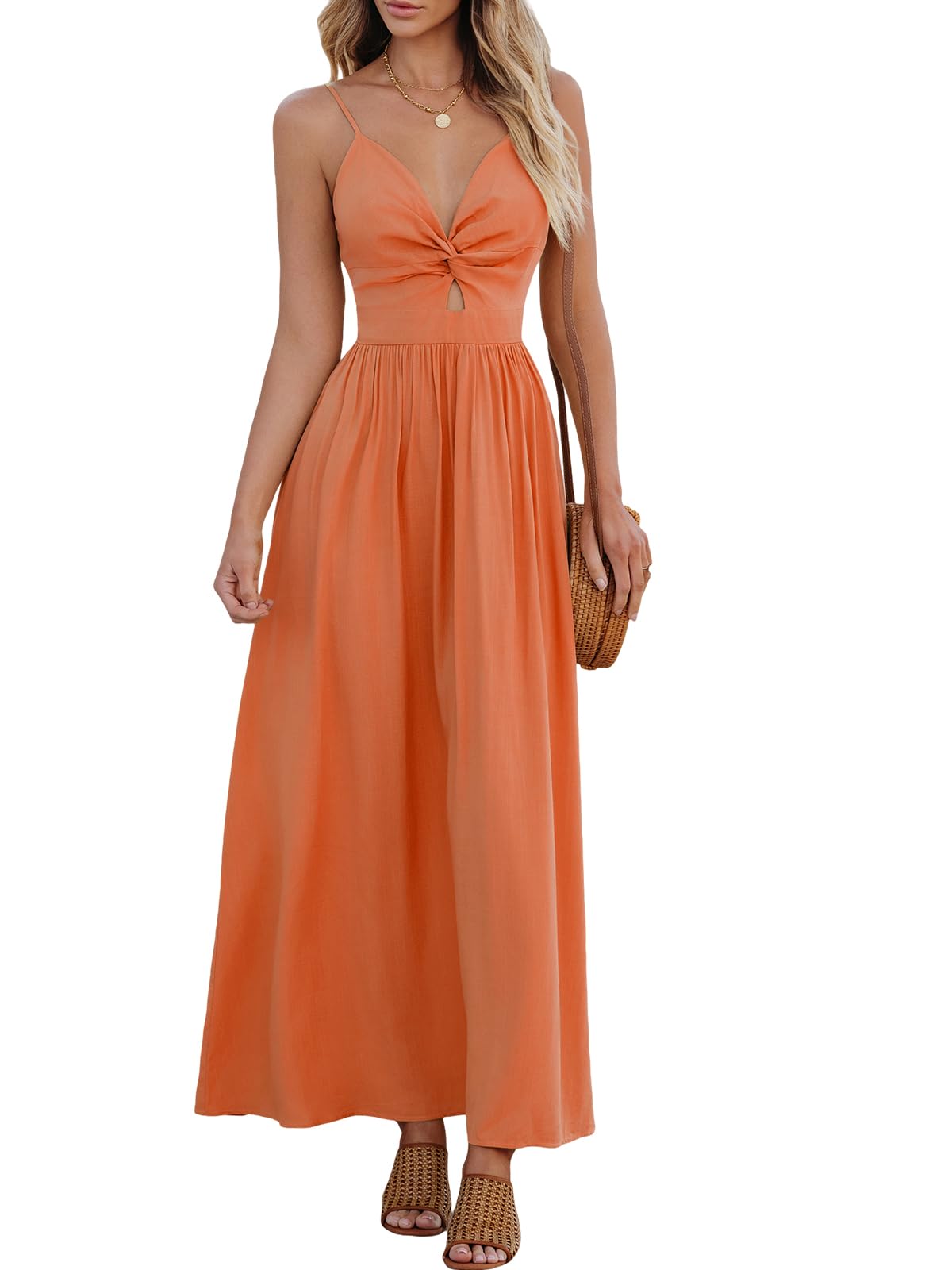 Vestido Largo Cupshe Naranja Con Cuello En V Sin Mangas Para Mujer - Venta Internacional.