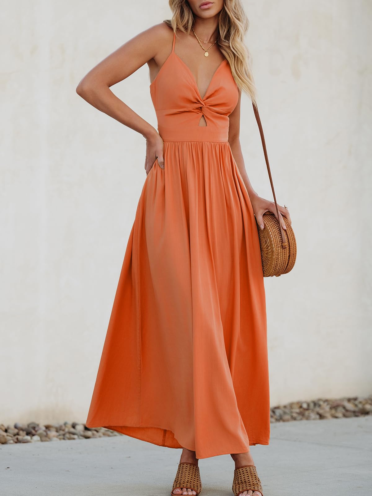 Foto 3 pulgar | Vestido Largo Cupshe Naranja Con Cuello En V Sin Mangas Para Mujer - Venta Internacional.