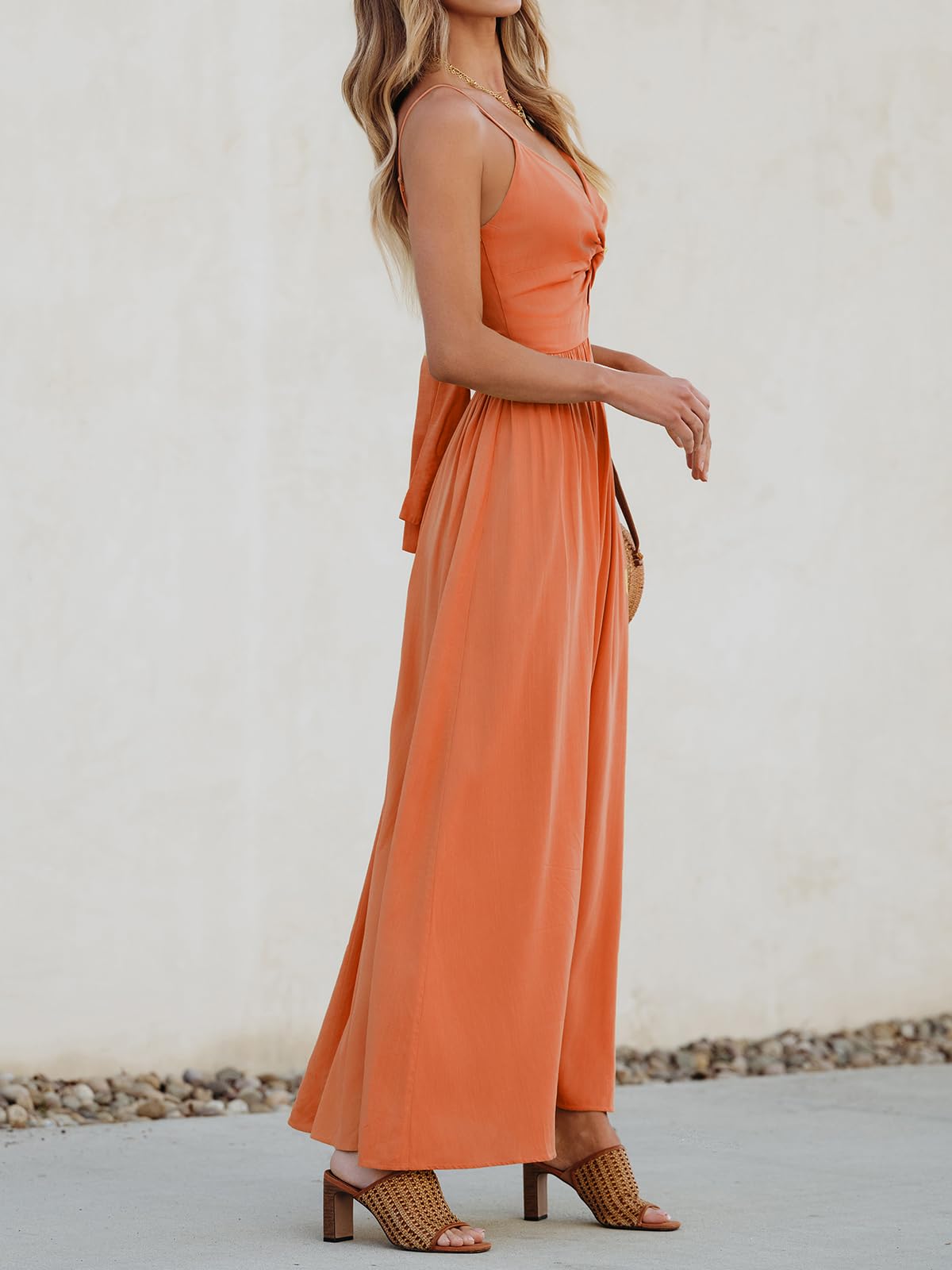 Foto 5 pulgar | Vestido Largo Cupshe Naranja Con Cuello En V Sin Mangas Para Mujer - Venta Internacional.