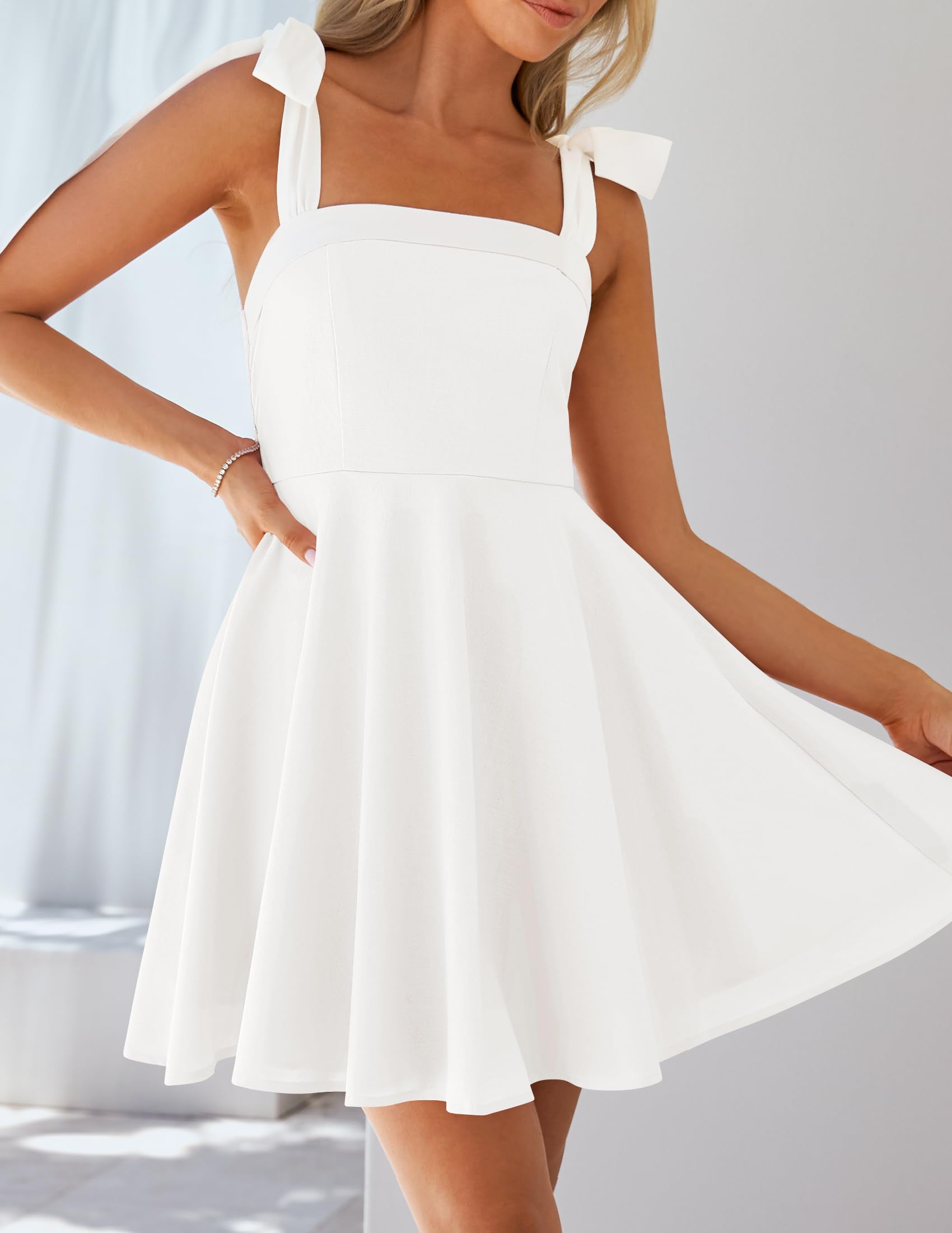 Foto 3 pulgar | Vestido Zesica 2025 Boho De Verano Con Cuello Cuadrado Mini Blanco Para Mujer - Venta Internacional.