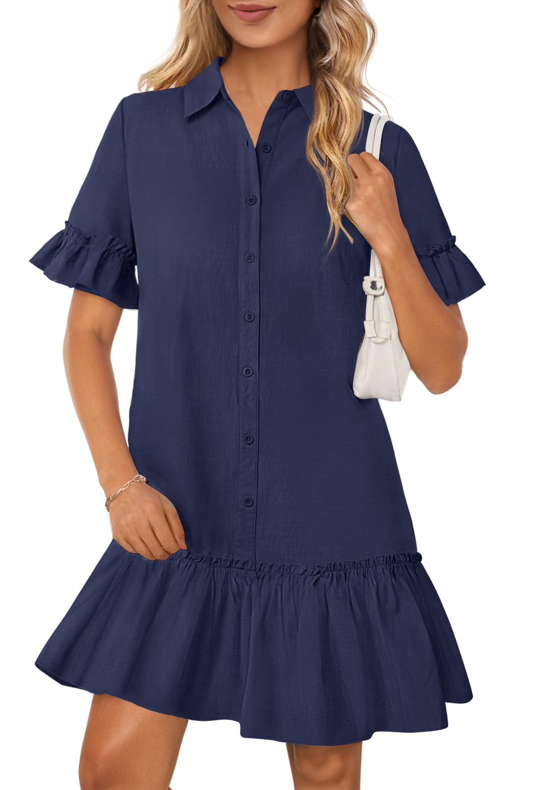 Foto 2 pulgar | Vestido Camisero Merokeety De Verano Con Botones Y Mangas Con Volantes, Azul Marino - Venta Internacional.