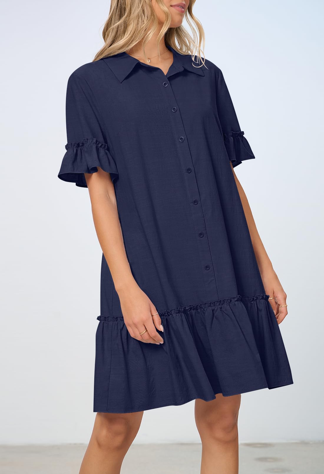 Foto 3 pulgar | Vestido Camisero Merokeety De Verano Con Botones Y Mangas Con Volantes, Azul Marino - Venta Internacional.