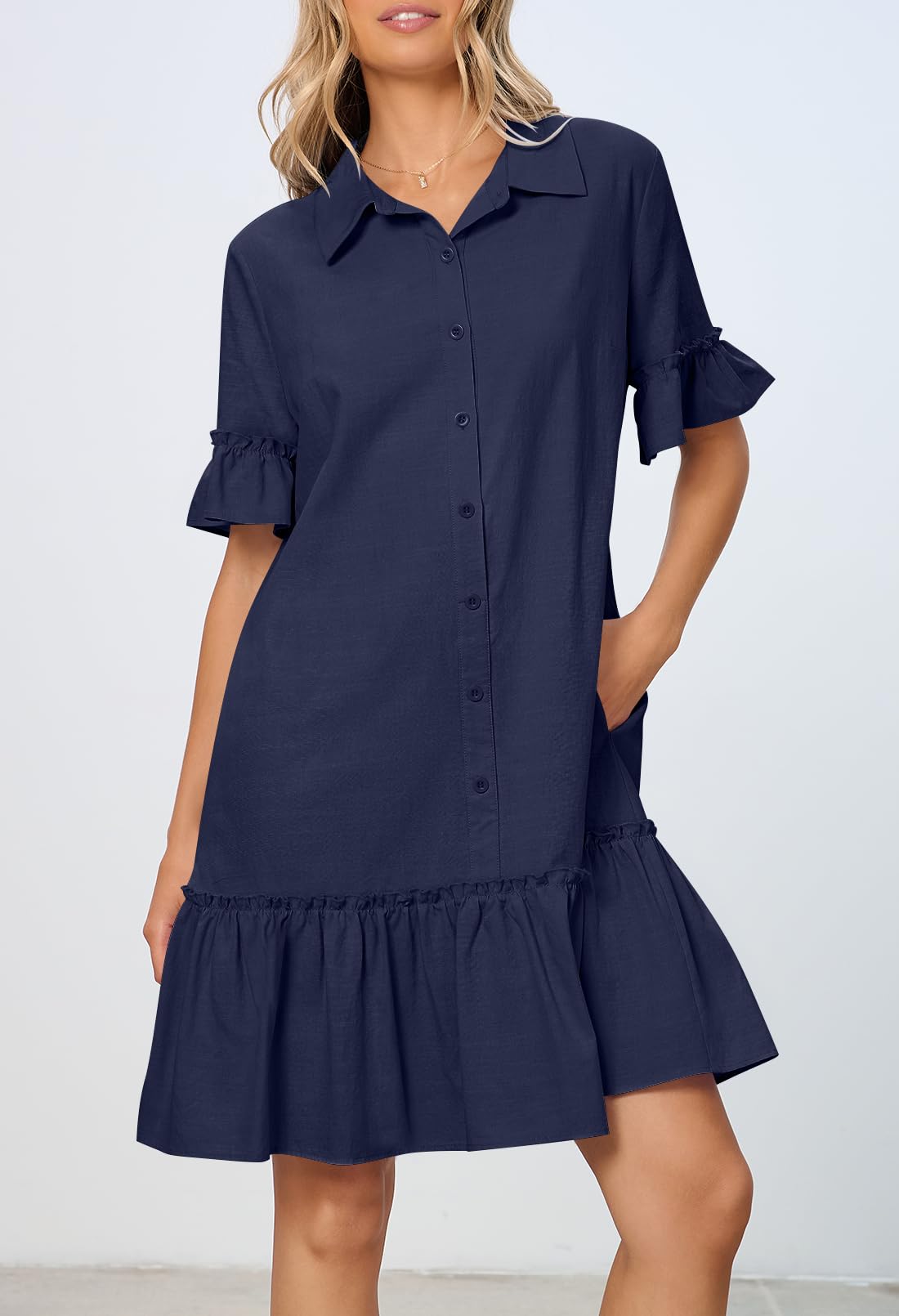 Foto 4 pulgar | Vestido Camisero Merokeety De Verano Con Botones Y Mangas Con Volantes, Azul Marino - Venta Internacional.
