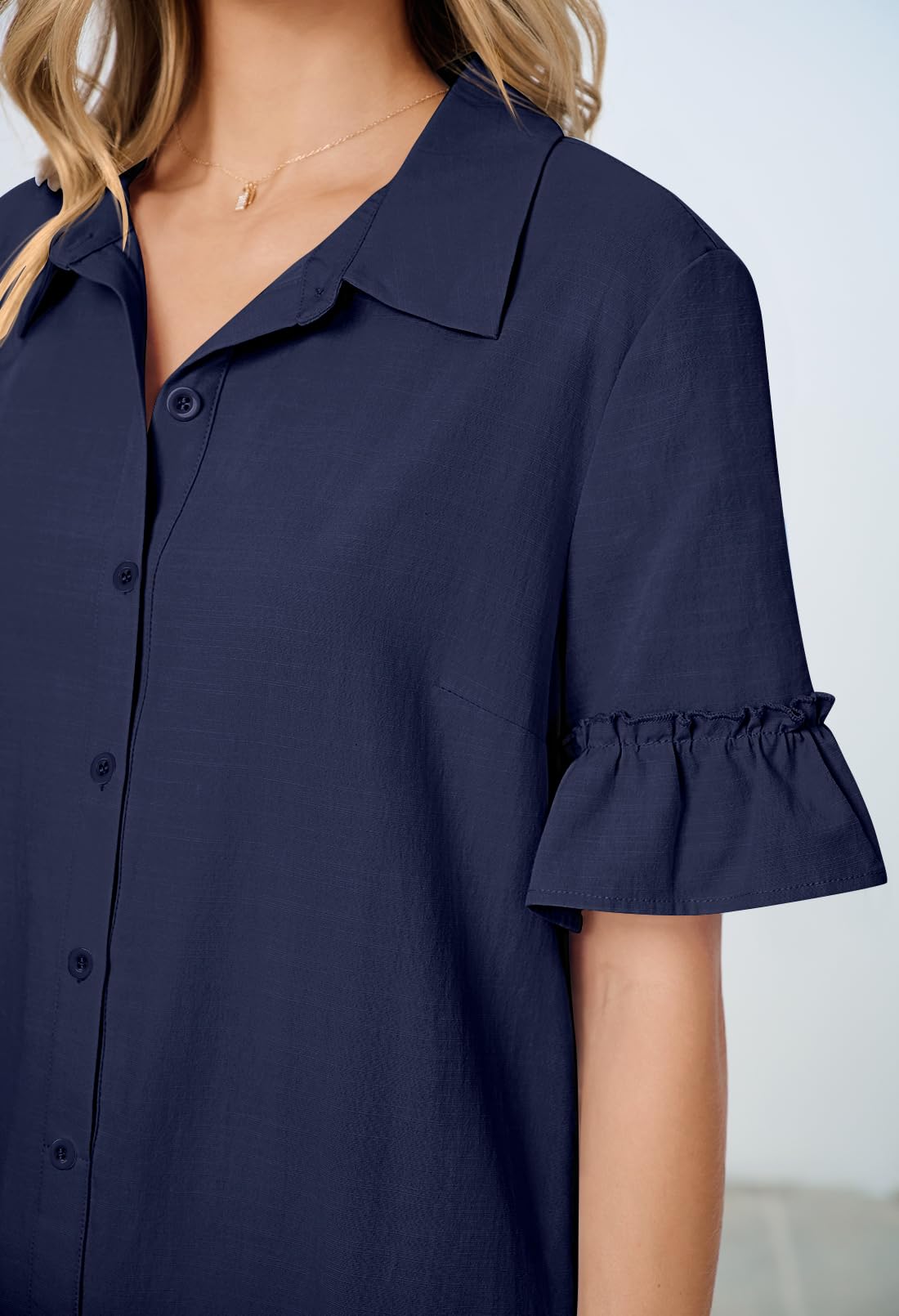 Foto 6 pulgar | Vestido Camisero Merokeety De Verano Con Botones Y Mangas Con Volantes, Azul Marino - Venta Internacional.