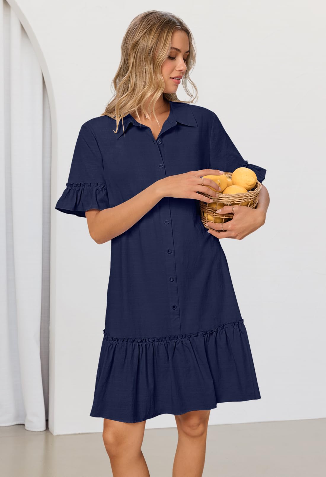 Foto 8 pulgar | Vestido Camisero Merokeety De Verano Con Botones Y Mangas Con Volantes, Azul Marino - Venta Internacional.