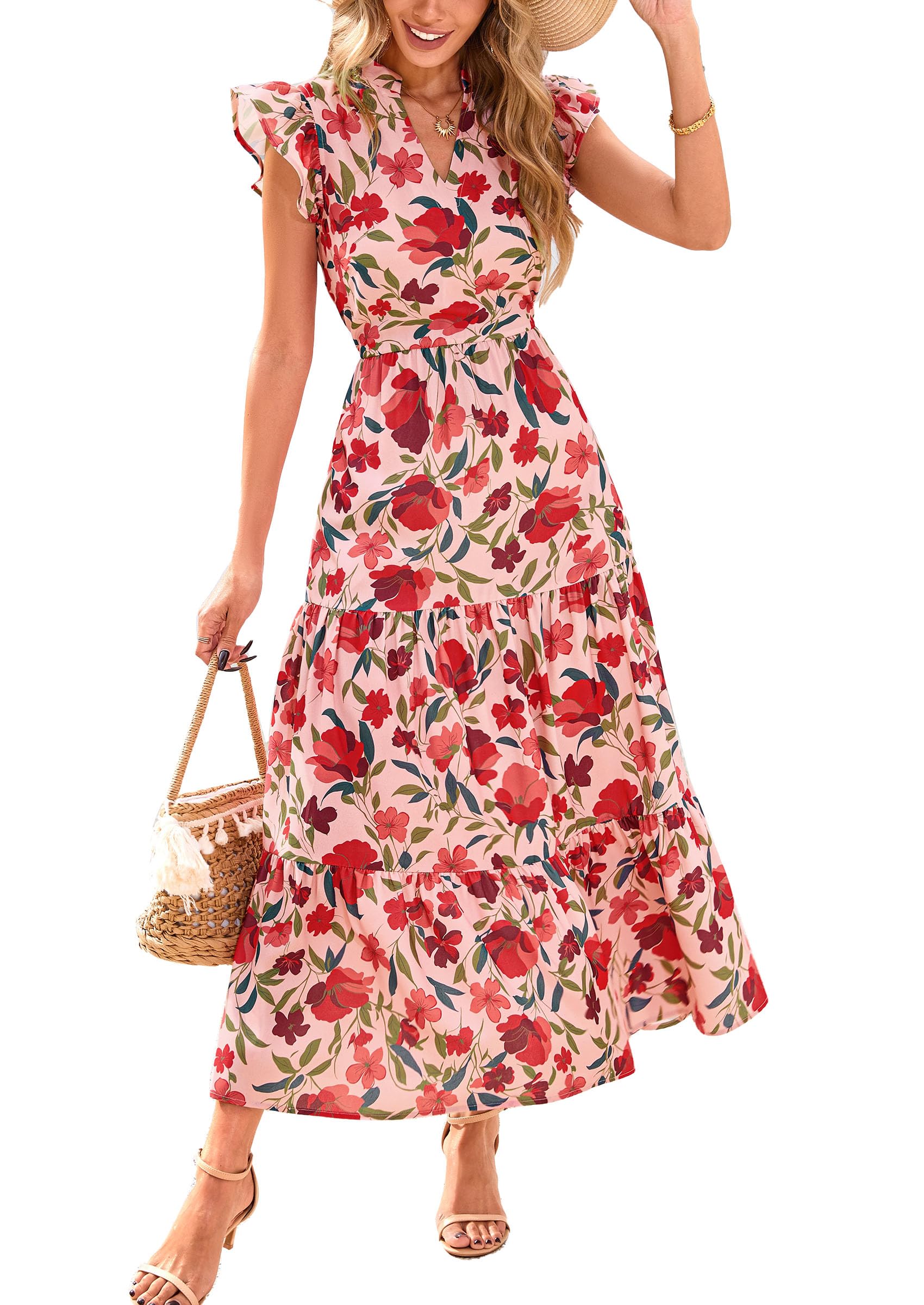 Vestido Midi Prettygarden 2025 Con Estampado Floral Con Cuello En V Y Volantes Para Mujer - Venta Internacional.