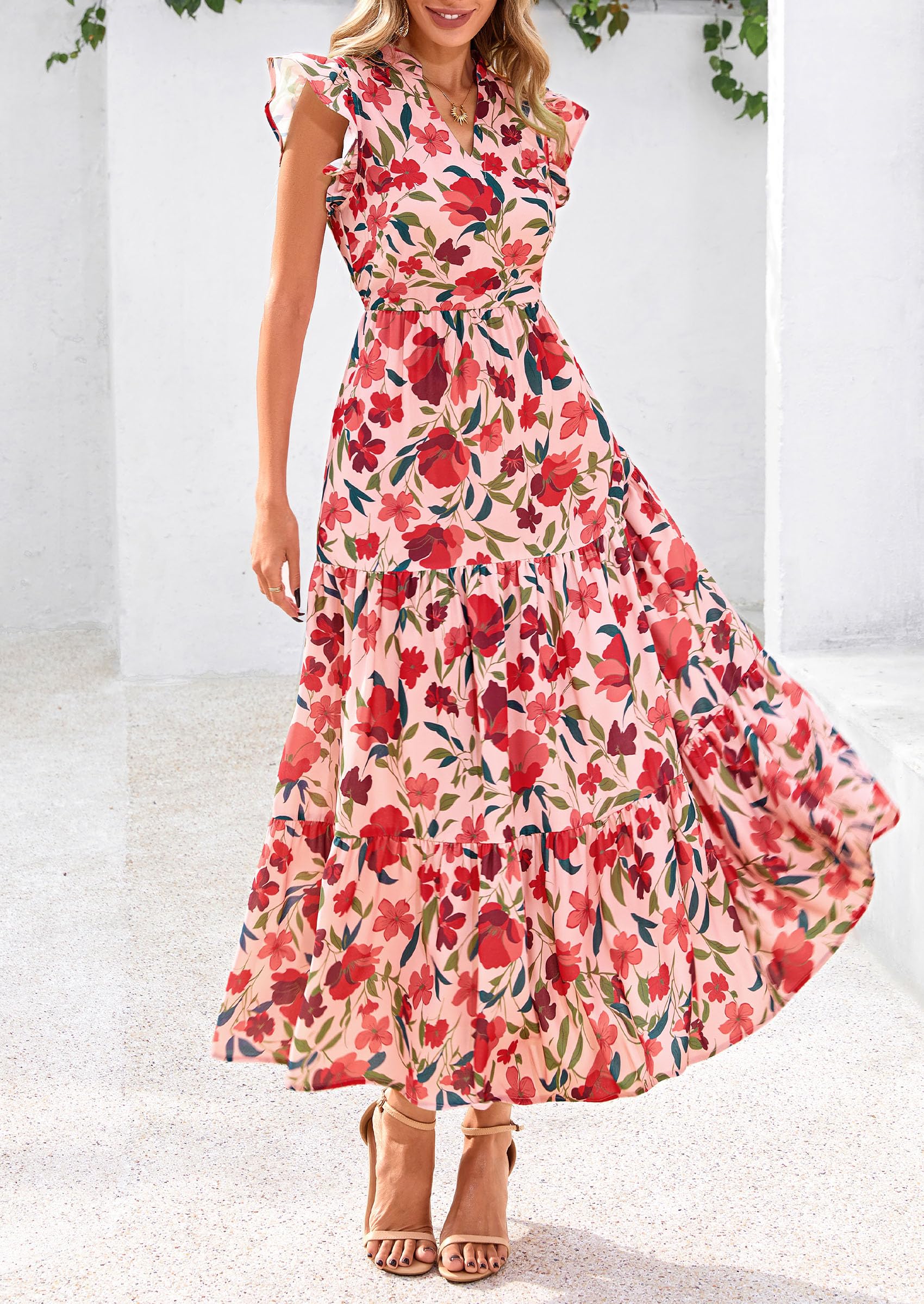 Foto 4 pulgar | Vestido Midi Prettygarden 2025 Con Estampado Floral Con Cuello En V Y Volantes Para Mujer - Venta Internacional.