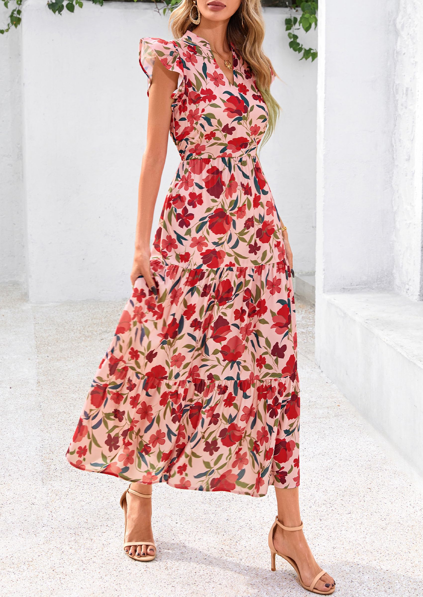 Foto 5 pulgar | Vestido Midi Prettygarden 2025 Con Estampado Floral Con Cuello En V Y Volantes Para Mujer - Venta Internacional.