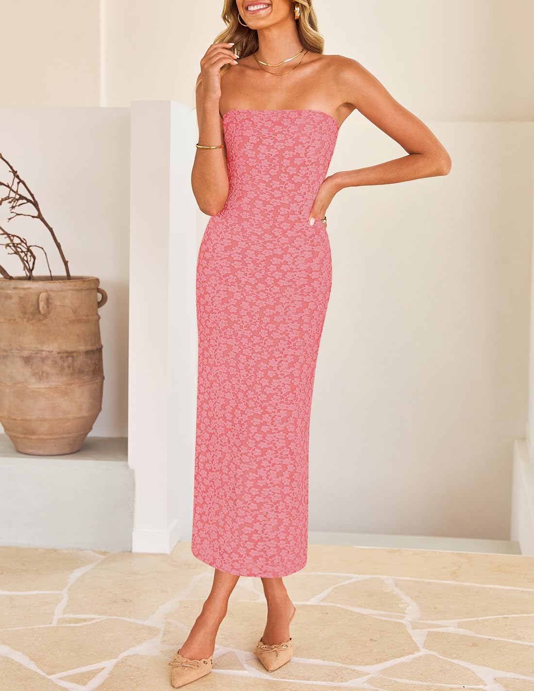 Foto 3 pulgar | Vestido Ajustado Sin Tirantes Zesica 2025, Bohemio, Floral, Sin Tirantes, Rosa Empolvado - Venta Internacional.
