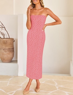 Foto 2 | Vestido Ajustado Sin Tirantes Zesica 2025, Bohemio, Floral, Sin Tirantes, Rosa Empolvado - Venta Internacional.