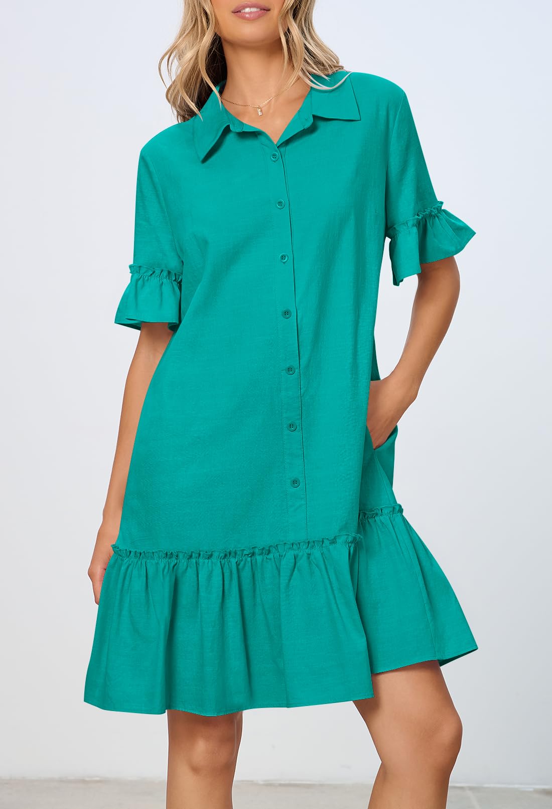 Foto 4 pulgar | Vestido Camisero Merokeety De Verano Con Botones Y Mangas Con Volantes Para Mujer - Venta Internacional.