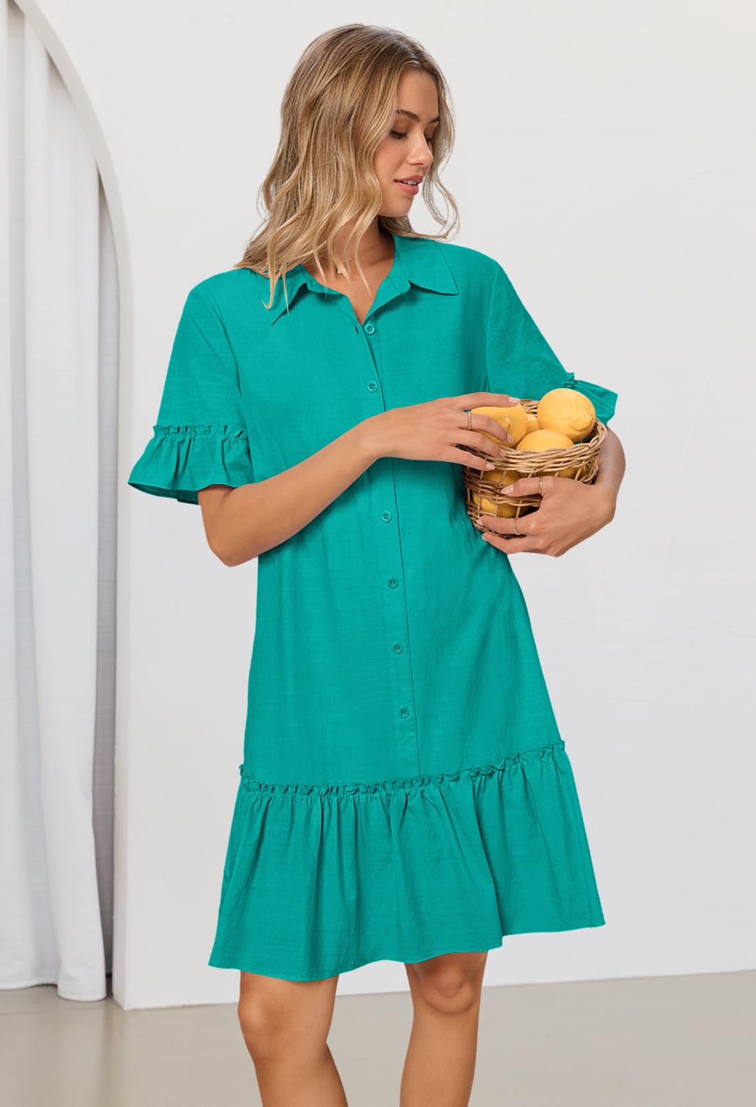 Foto 8 pulgar | Vestido Camisero Merokeety De Verano Con Botones Y Mangas Con Volantes Para Mujer - Venta Internacional.