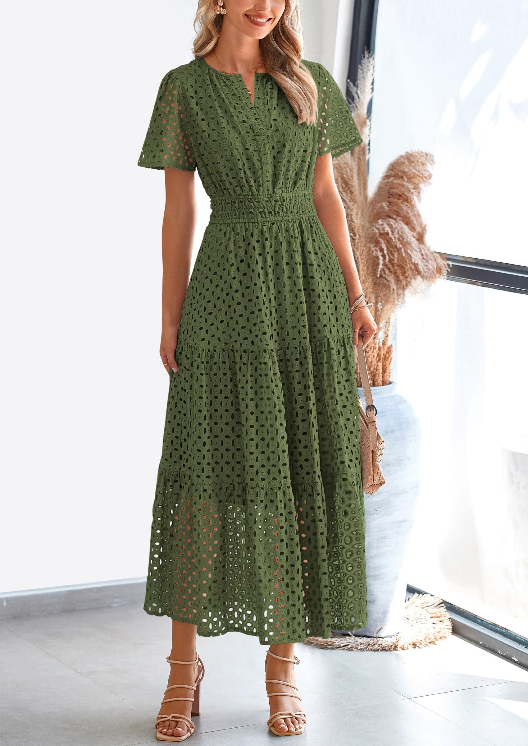 Foto 7 | Vestido Largo Prettygarden 2025 Para Mujer Con Cuello En V Y Manga Corta - Venta Internacional.