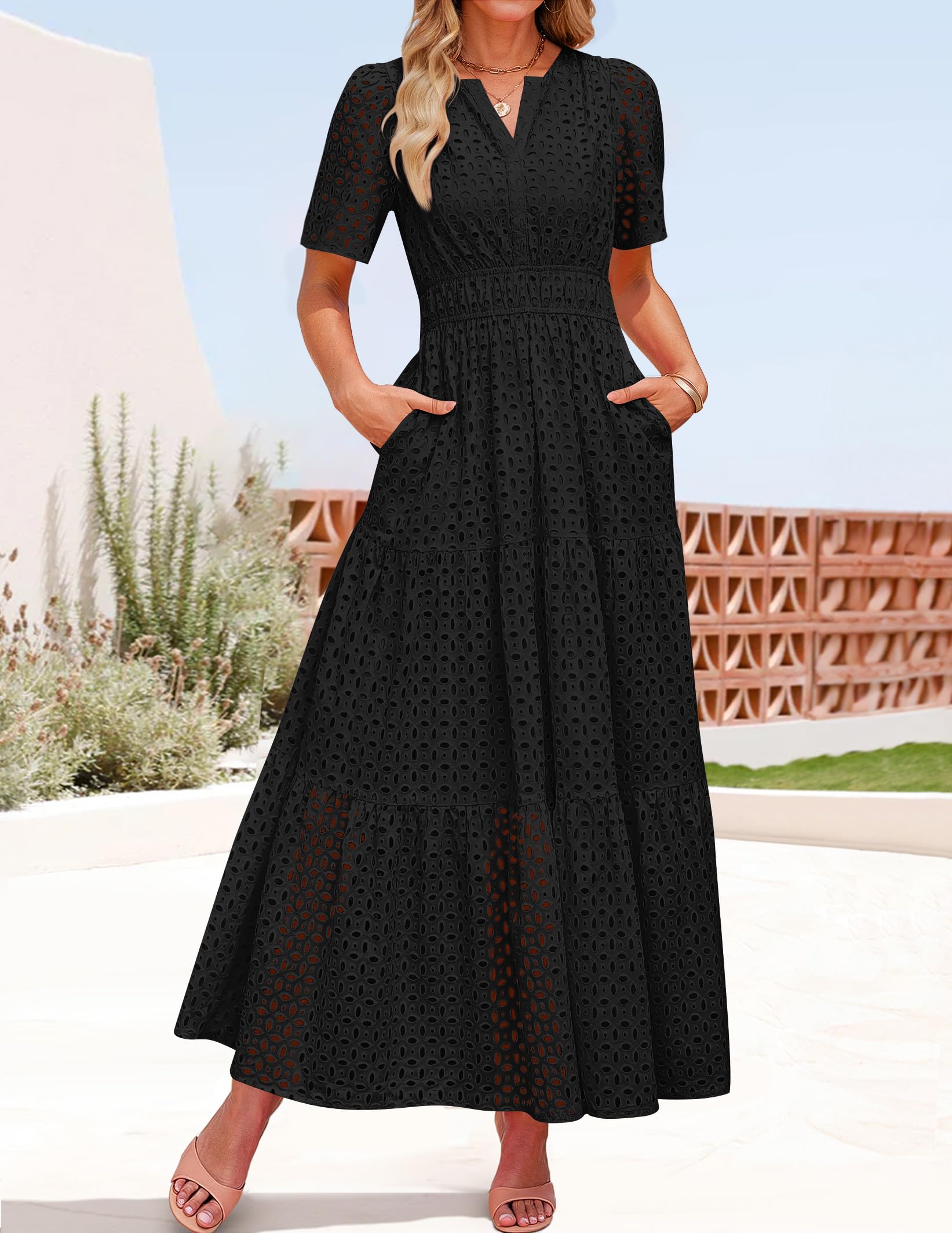 Foto 4 pulgar | Vestido Largo Zesica 2025 De Verano Con Manga Corta Y Cuello En V Para Mujer - Venta Internacional.
