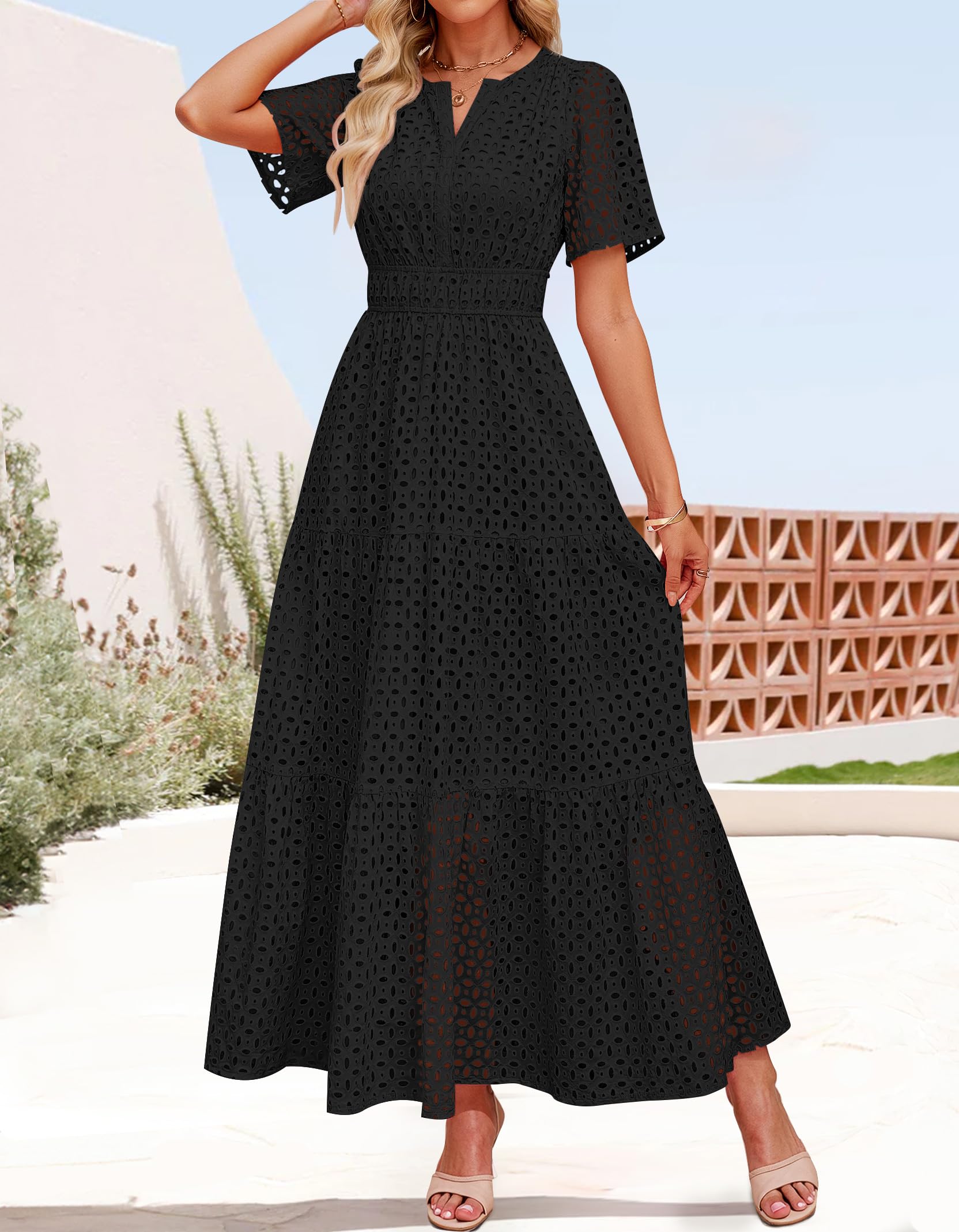 Foto 5 pulgar | Vestido Largo Zesica 2025 De Verano Con Manga Corta Y Cuello En V Para Mujer - Venta Internacional.