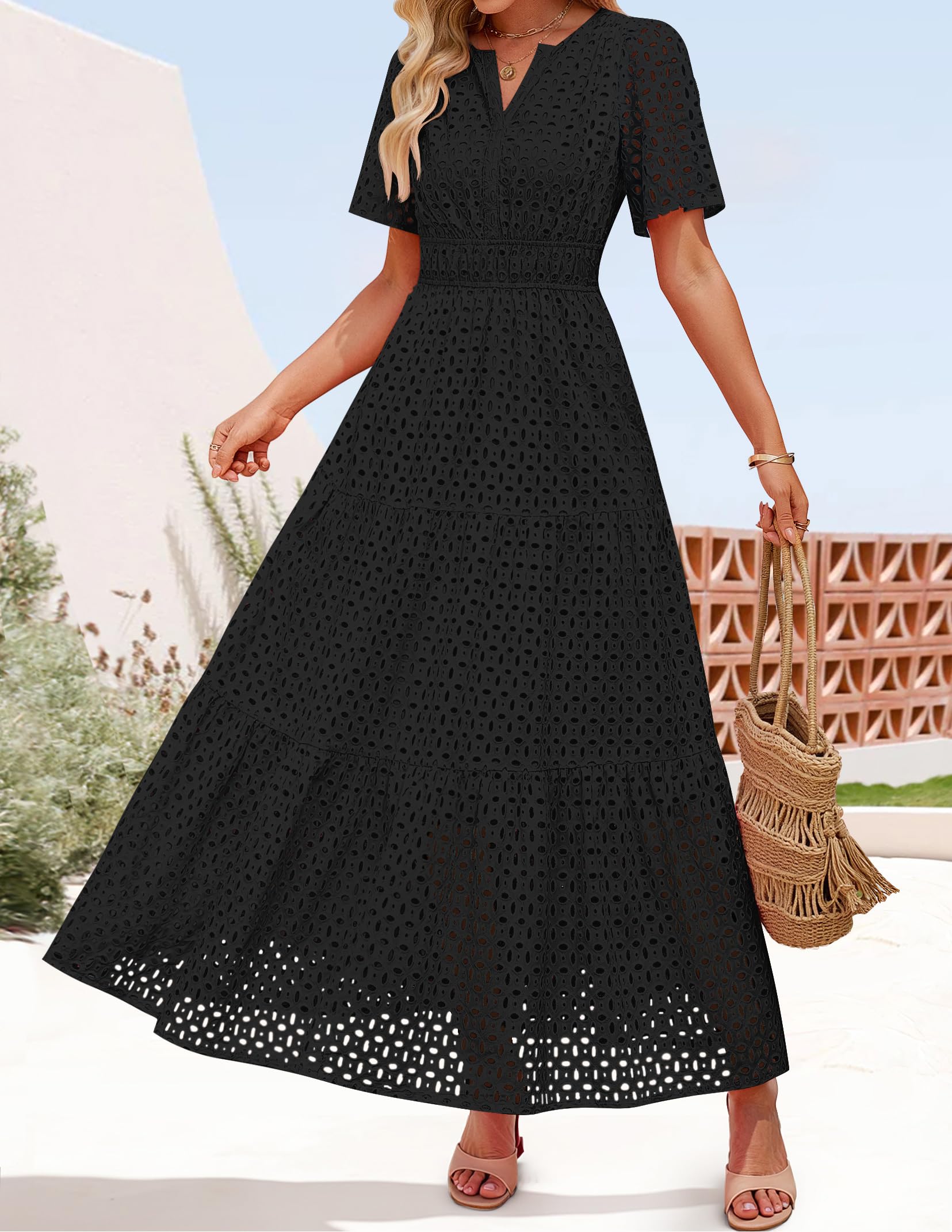 Foto 7 pulgar | Vestido Largo Zesica 2025 De Verano Con Manga Corta Y Cuello En V Para Mujer - Venta Internacional.