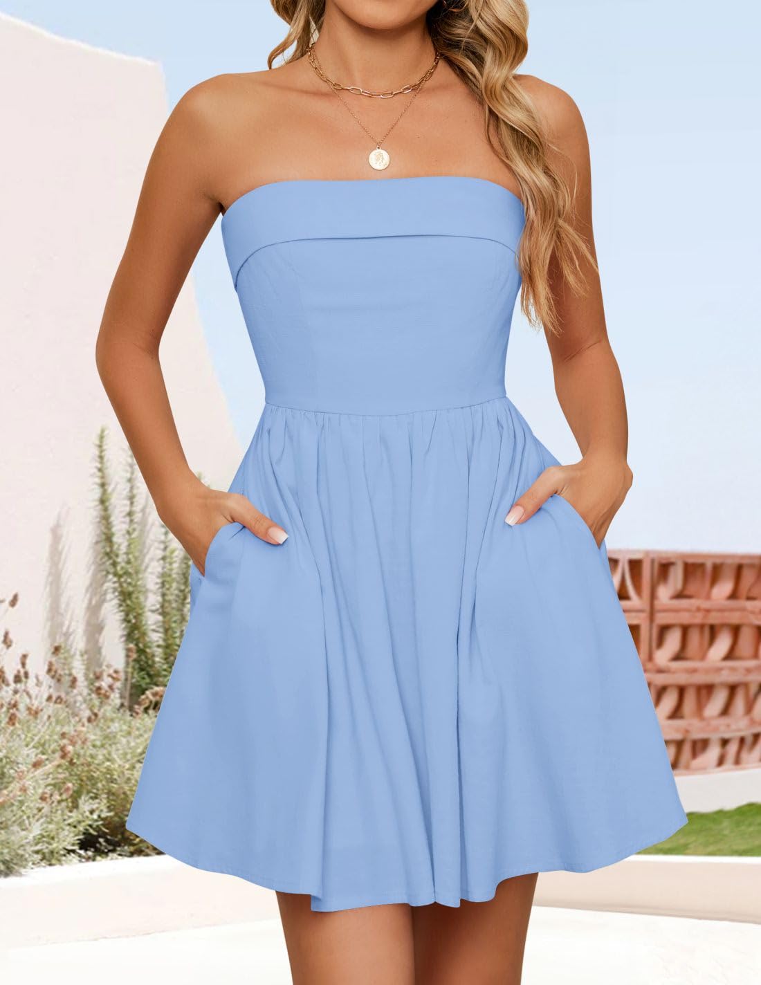 Foto 4 pulgar | Vestido Zesica Summer Strapless Mini 2025 Con Hombros Descubiertos, Azul - Venta Internacional.