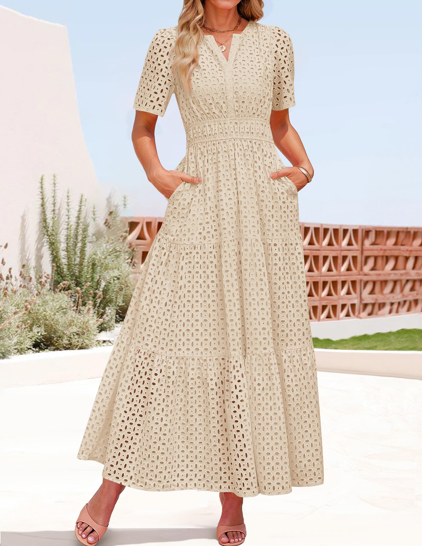 Foto 4 pulgar | Vestido Largo Zesica 2025 De Verano Con Manga Corta Y Cuello En V Para Mujer - Venta Internacional.