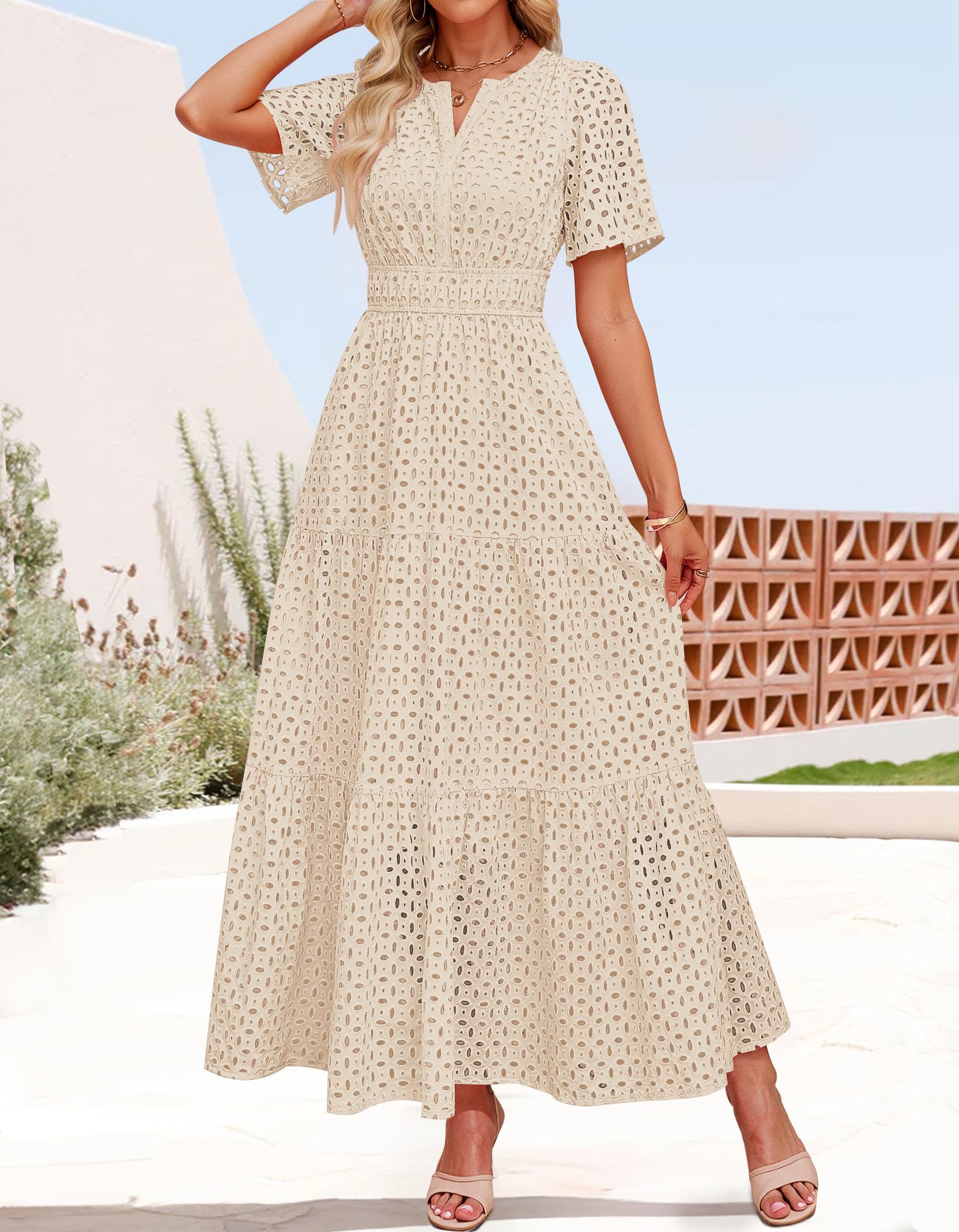 Foto 5 pulgar | Vestido Largo Zesica 2025 De Verano Con Manga Corta Y Cuello En V Para Mujer - Venta Internacional.